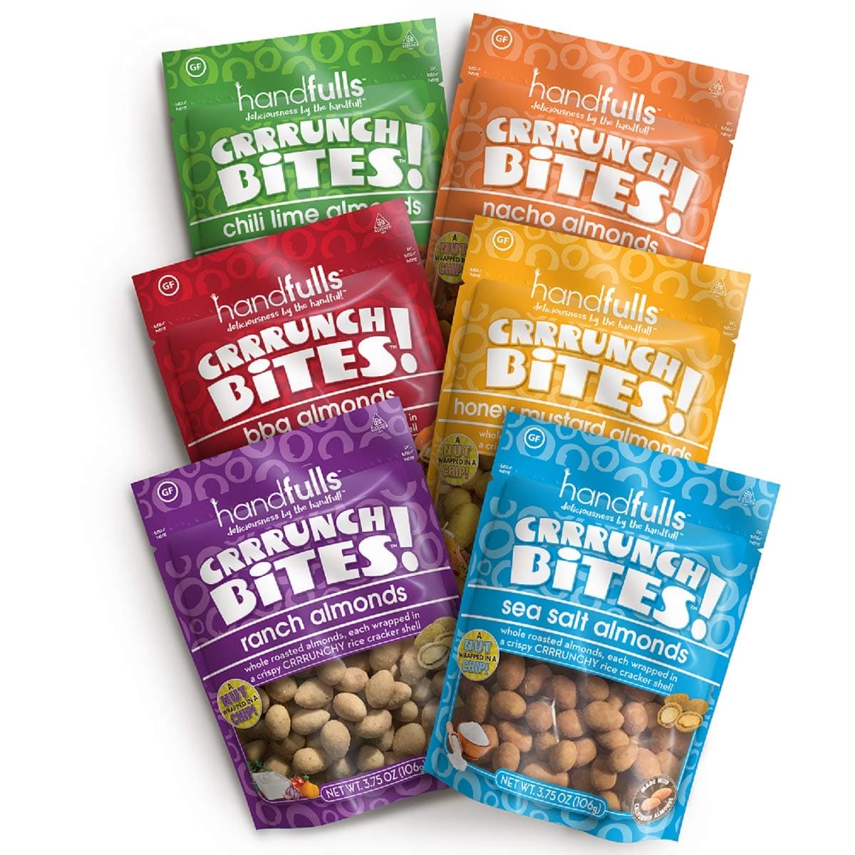 CrrrunchBites ALL FLAVOR Almonds Variety (6 Bags) | Try All 6 Original Flavors | Crunchy Coated Whole Roasted Almonds | Gluten Free, Non-GMO, Vegan | Flavored Nuts by Handfulls (3.75 oz Share Bags)