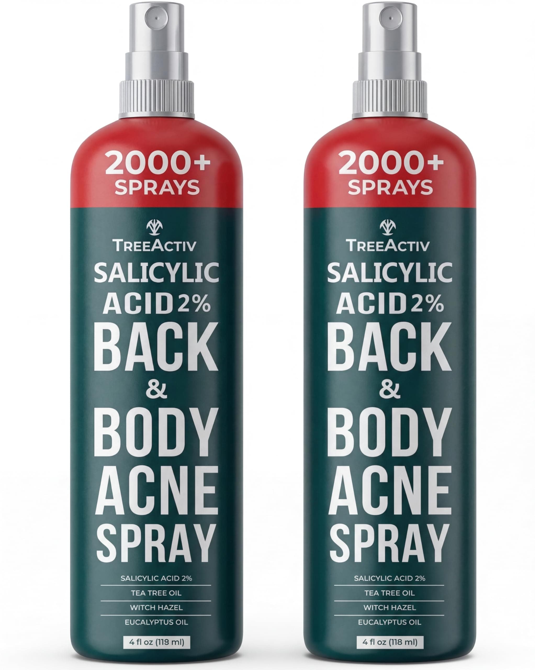 TreeActiv Salicylic Acid Back & Body Acne Spray, Fine Mist Back Spray for Bacne & Chest Acne, Tea Tree + Eucalyptus, Fast-Drying Non-Staining, 4 fl oz (2-Pack, 8 fl oz Total)