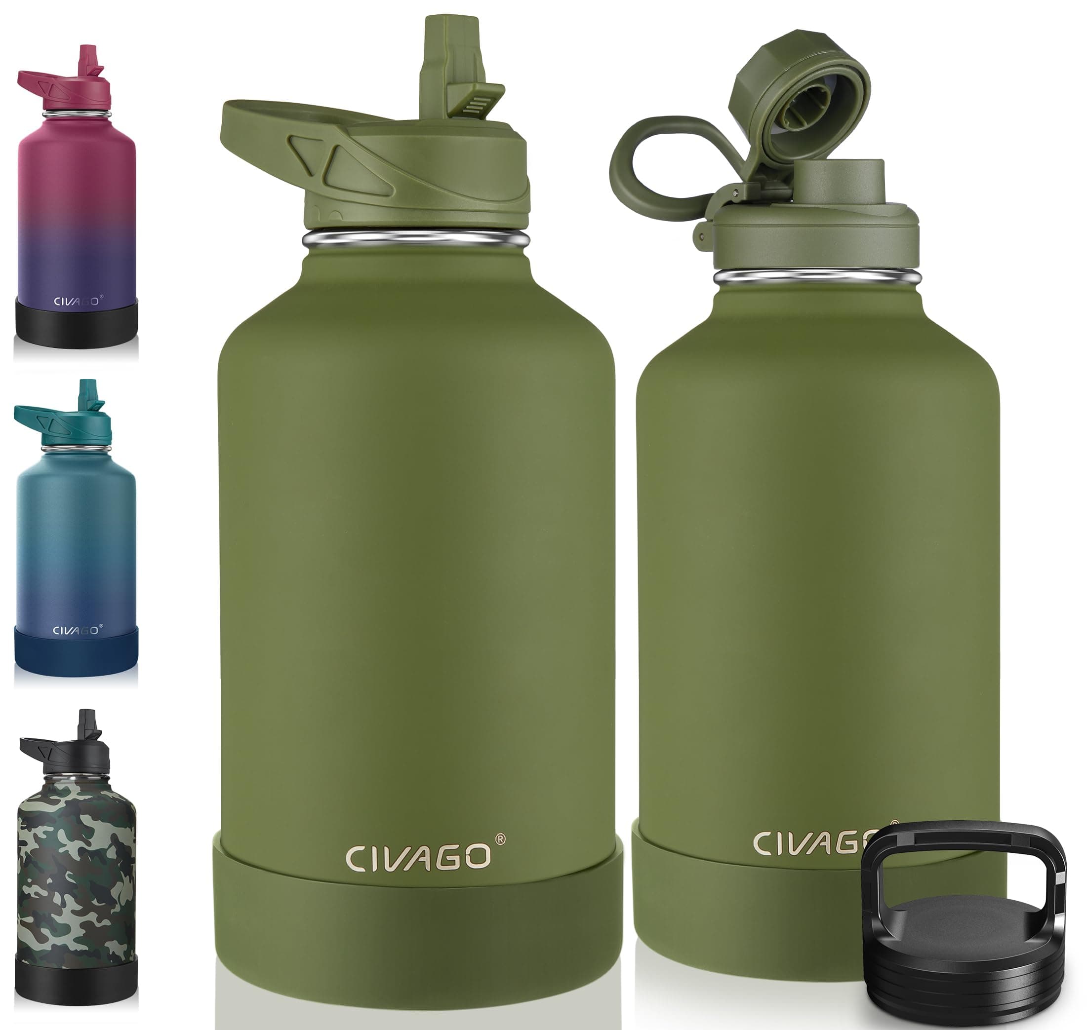 CIVAGO 64 oz Insulated Water Bottle With Straw, Half Gallon Stainless Steel Sports Water Flask Jug with 3 Lids (Straw, Spout and Handle Lid), Large Metal Thermal Cup Mug, Army Green