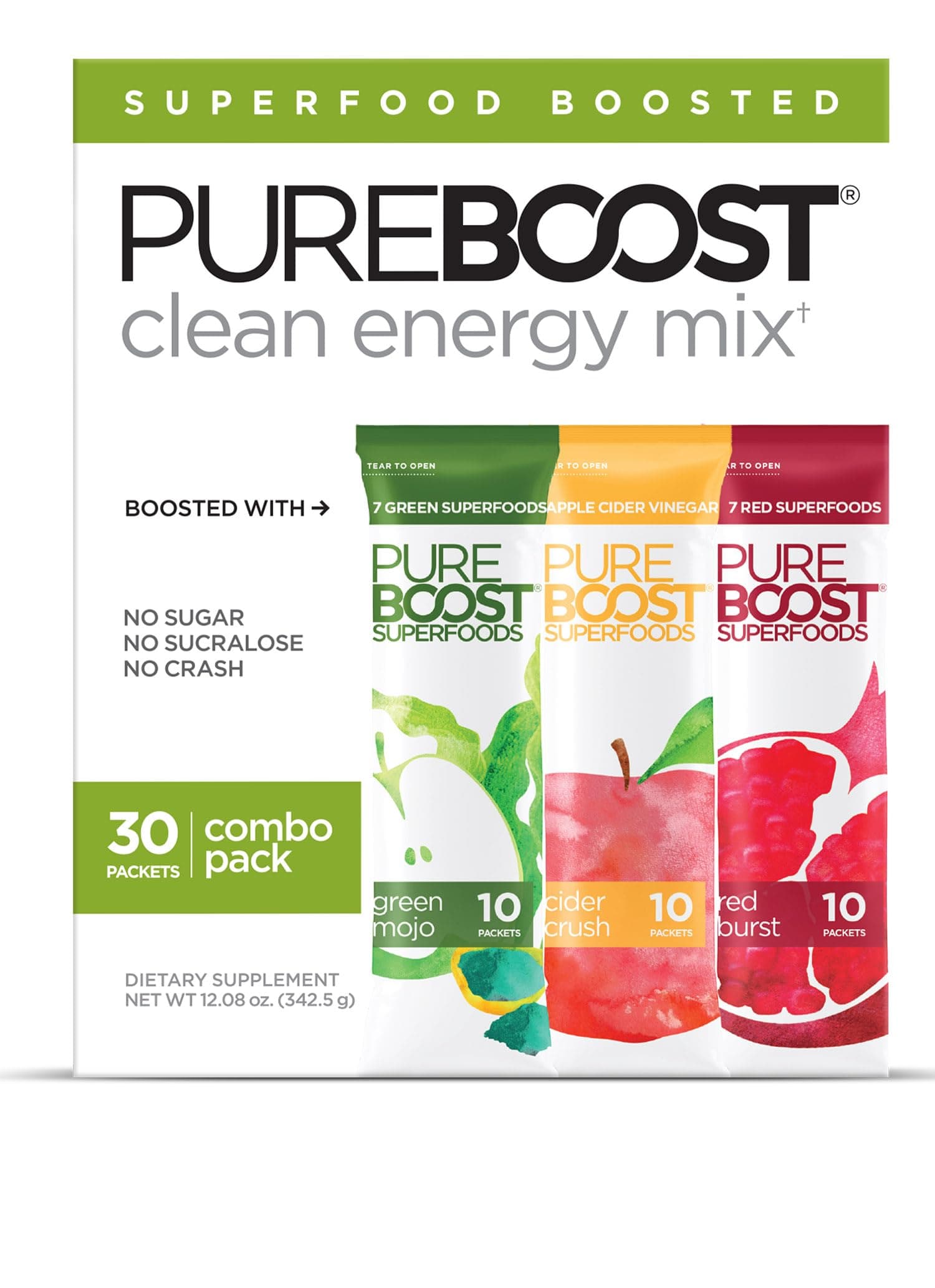 Superfoods Clean Energy Booster, Energy Drink Mix with Apple Cider Vinegar, 7 Organic Red or Green Superfoods. Sugar-Free, No Sucralose, Electrolytes (Combo Pack, 30 Count)