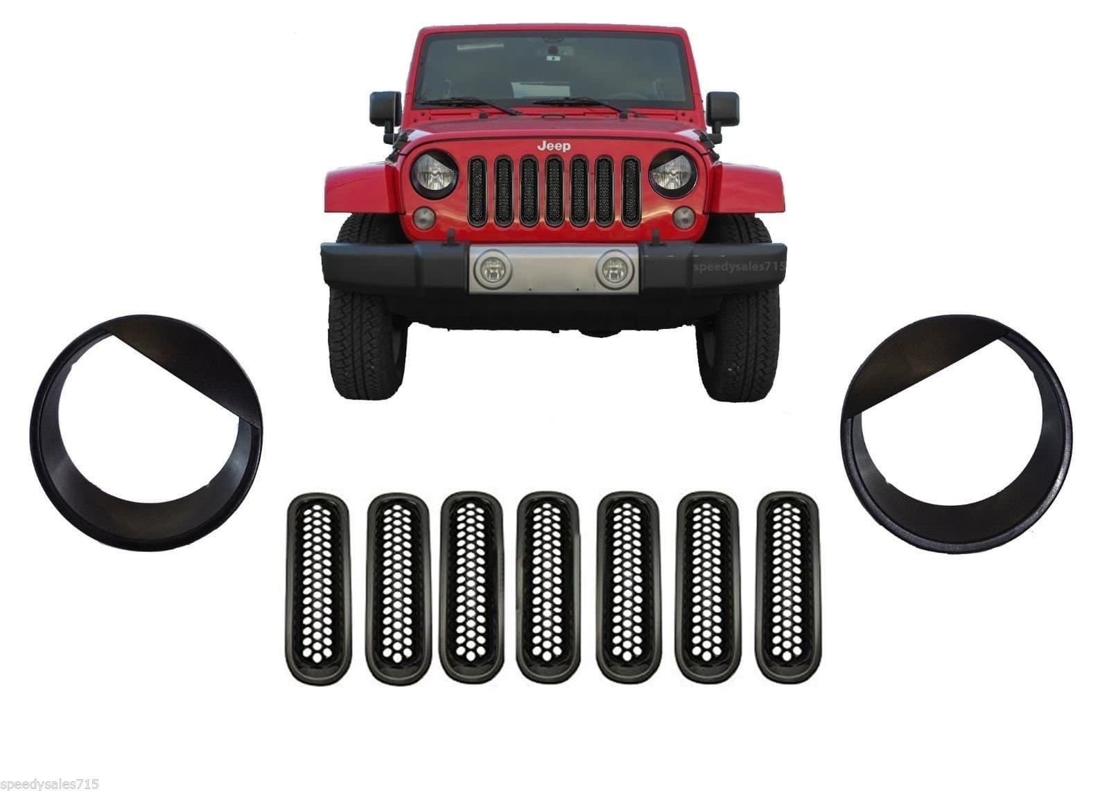 Black Mesh Grill Inserts & Angry Headlight Bezels COMBO For 2007-2016 Jeep Wrangler JK