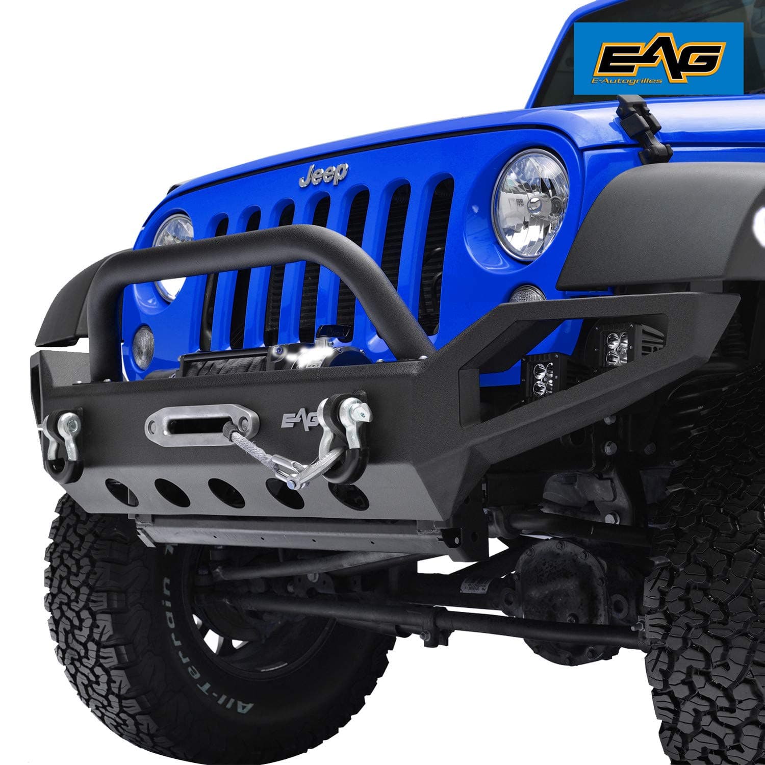EAG Full Width Front Bumper with LED Lights and Winch Plate Fit for 07-18 Jeep Wrangler JK Rock Crawler