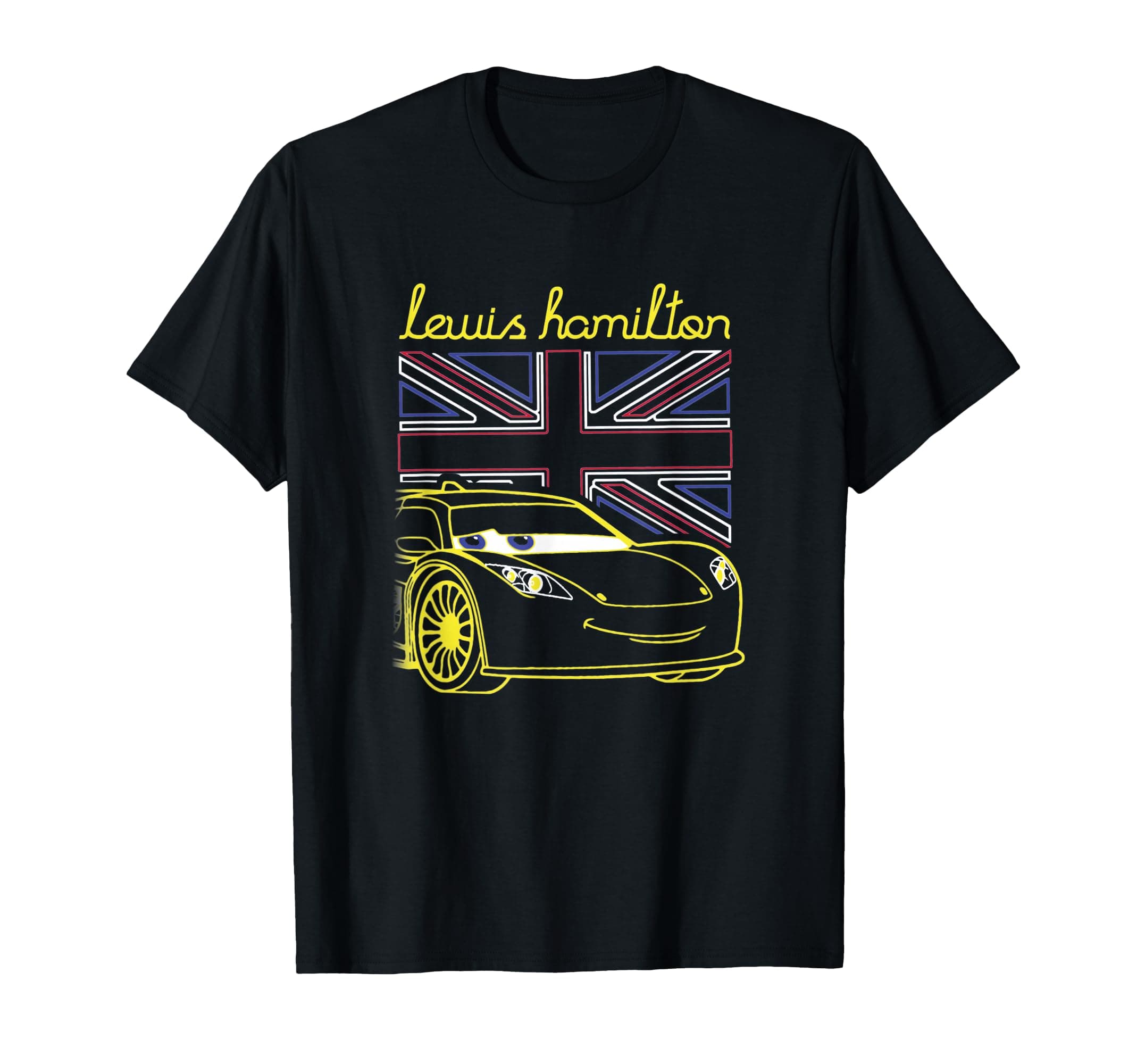 Pixar Cars 2 Lewis Hamilton UK Flag Neon Portrait T-Shirt