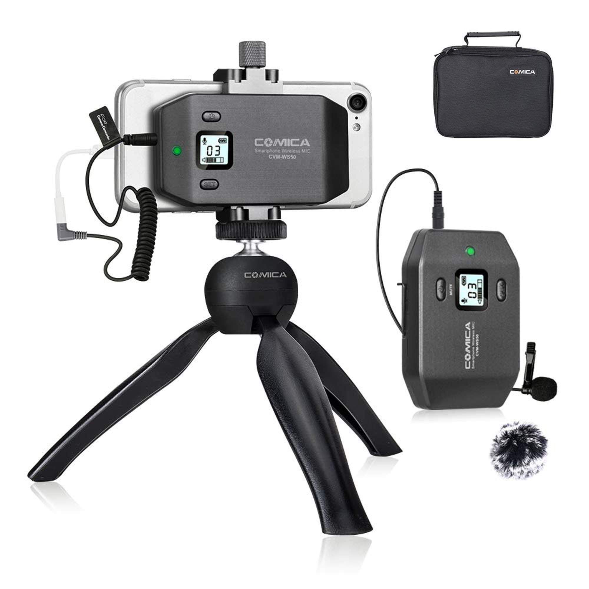 comica Video Microphone, CVM-WS50(C) Wireless Lavalier Microphone with Mini Tripod, Wireless Lapel Mic for iPhone Samsung Galaxy Note BLU Moto Phone/YouTube Interview Video Recording