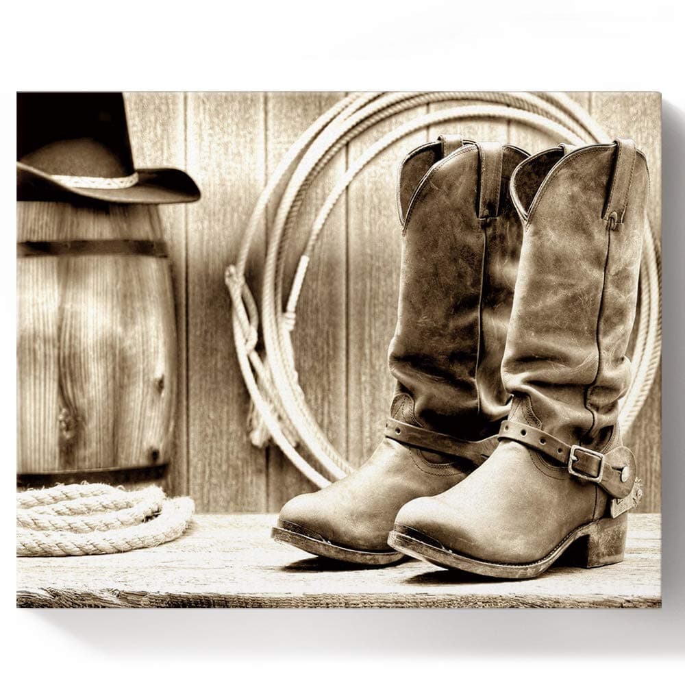 FOREVER20 Paint by Numbers DIY Acrylic Painting Kit for Adults Kids Beginner Western Cowboy Boots and Hat on Canvas Wooden Framed for Bedroom Livingroom Wall Decor 16x20in