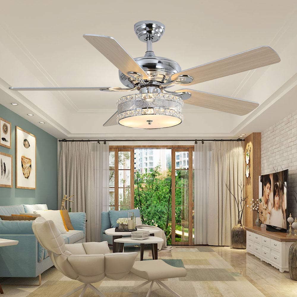 LuxureFan 52Inch 3 Lights Crystal Ceiling Fan with Remote Control and 5 Wood Blades Led Chandelier Fan Decoration Home