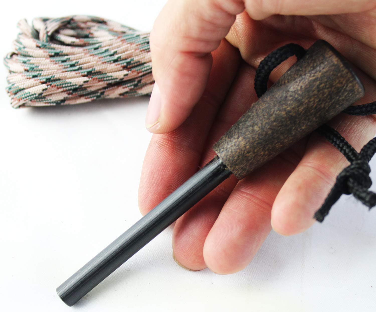 5/16" Thick Bushcraft Fire Steel with Dark Wood Handle | 12,000 Strikes | Ferro Rod Fire Starter for Survival | 6 in 1 Multi-Tool Includes 25' Paracord