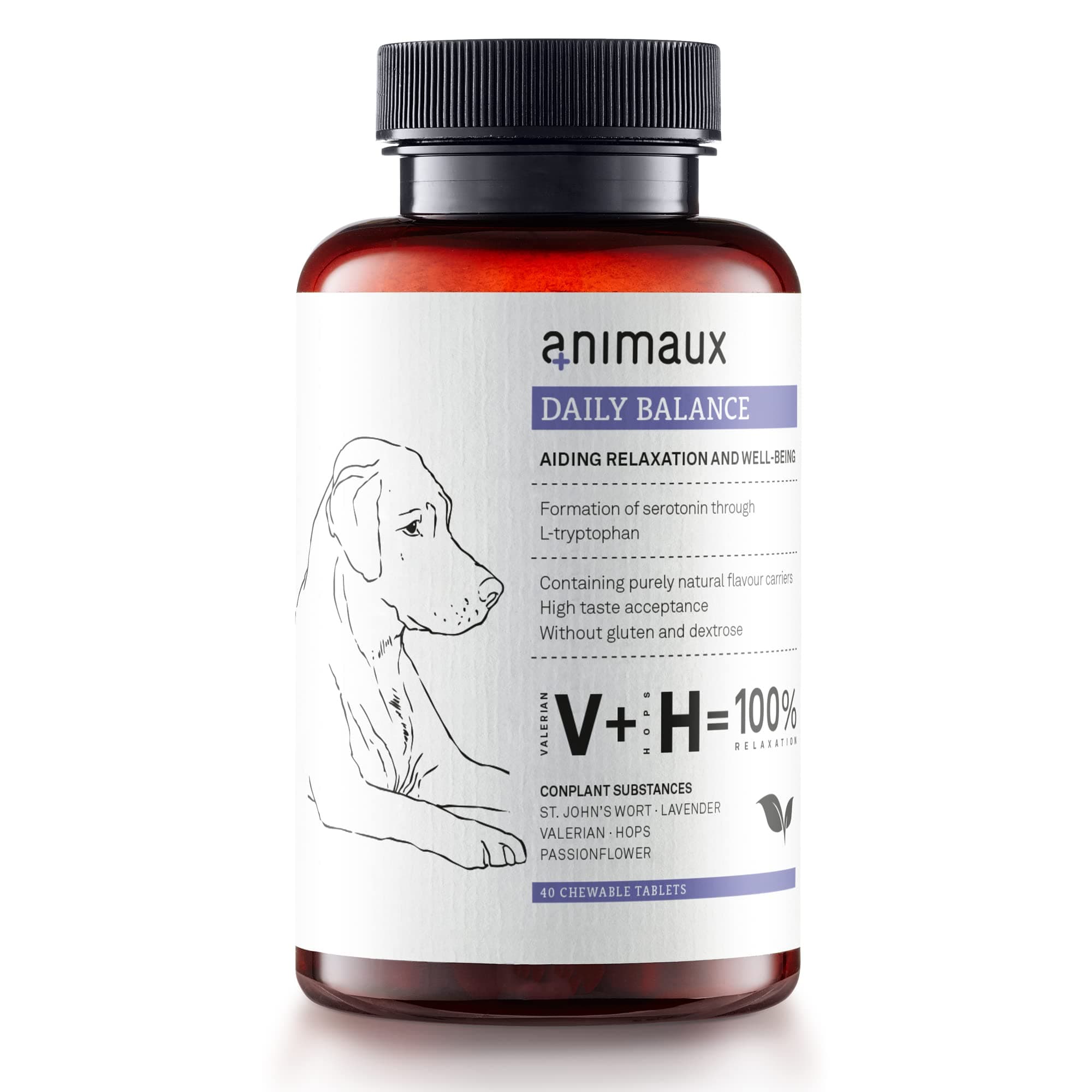 animauxDaily Balance – 40 chewable tablets – Herbal calming treats for dogs with anxiety, stress & nervousness, with Valerian, St. John's Wort & Lavender