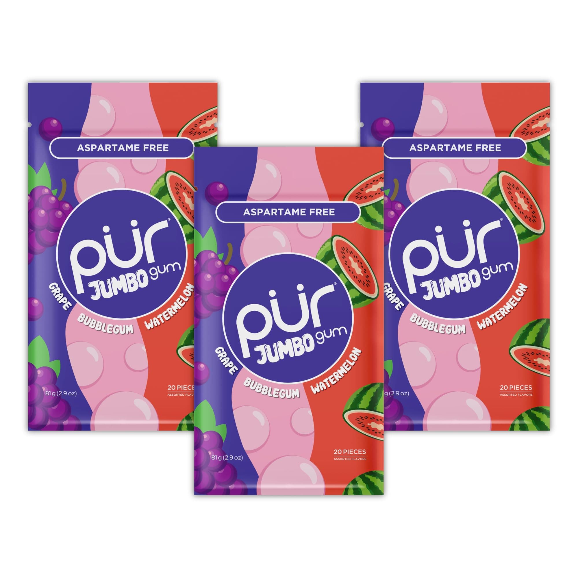 PUR Jumbo Gum | Aspartame Free Chewing Gum | Made with Xylitol | Natural Bubblegum, Grape, Watermelon Flavour, 20 Pieces (Pack of 3)