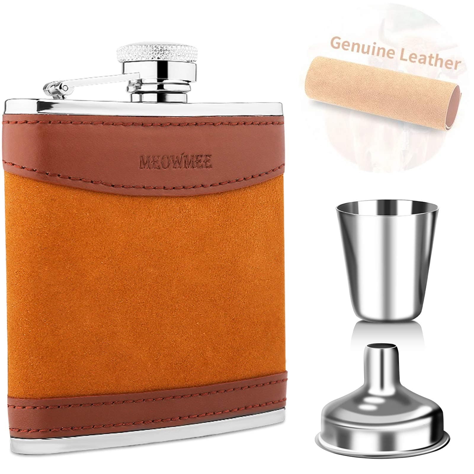Stainless Steel Hip Flask Set, MEOWMEE Premier Leather Hip Flask with Funnel & Cup 304 Food-Grade Stainless Steel Flask for Whiskey/Vodka/Wine/Alcohol, 5 oz (Leather case)