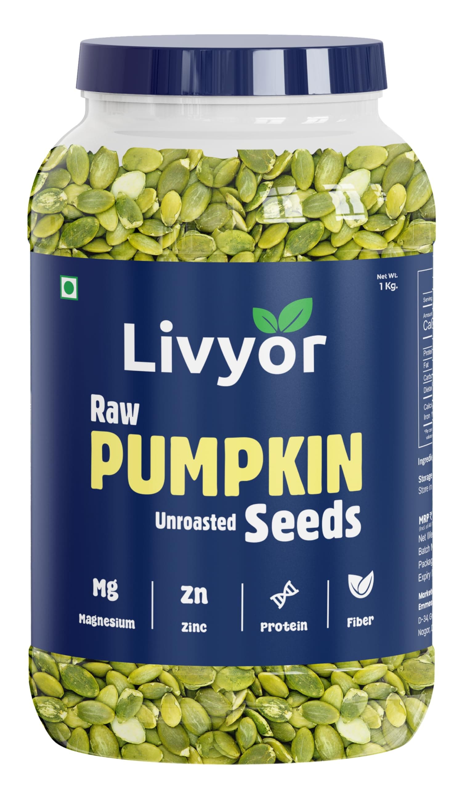 Livyor Raw Pumpkin Seeds for eating - 1kg | Raw, Unroasted | Rich in Protein | High Fiber Seeds | Healthy Snack | 1 Jar Pack