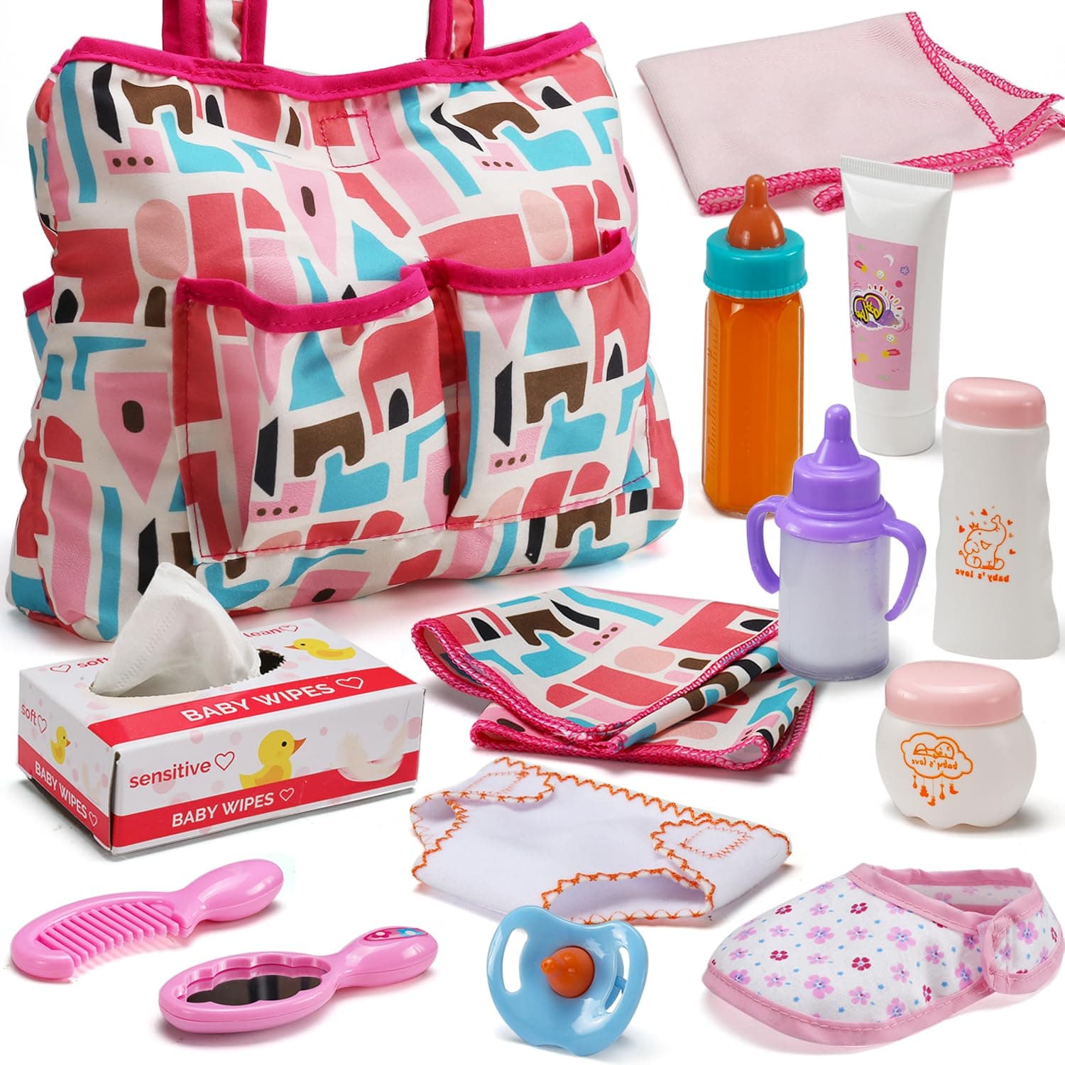 Bakatatoyz 14 Pack Baby Doll Accessories, Baby Doll Feeding and Caring Set Includes Diaper Bag, Doll Diapers, Magic Bottle, Changing Mat for Girl Toddler Kid, Babies Pretend Play Set