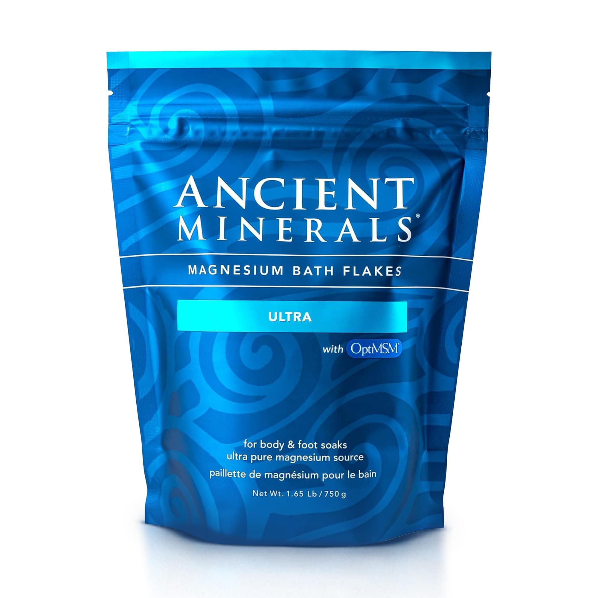 Ancient Minerals Magnesium Bath Flakes Ultra with OptiMSM - Resealable Magnesium Supplement Bag of Zechstein Chloride with Proven Better Absorption Than Epsom Bath Salt (1.65 lb)
