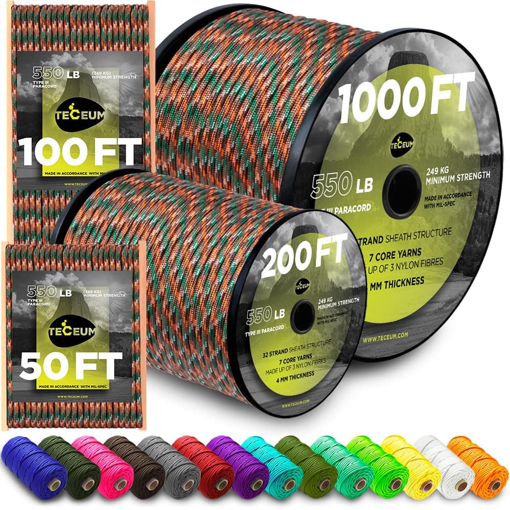 TECEUM Reflective Paracord Rope 1000 – 1000ft/200ft/100ft/50ft – 40+ Colors – Glow in The Dark – para Cord – Utility Rope for Survival, Hunting & Camping Gear – Nylon String, Camping Rope, Tent Cord