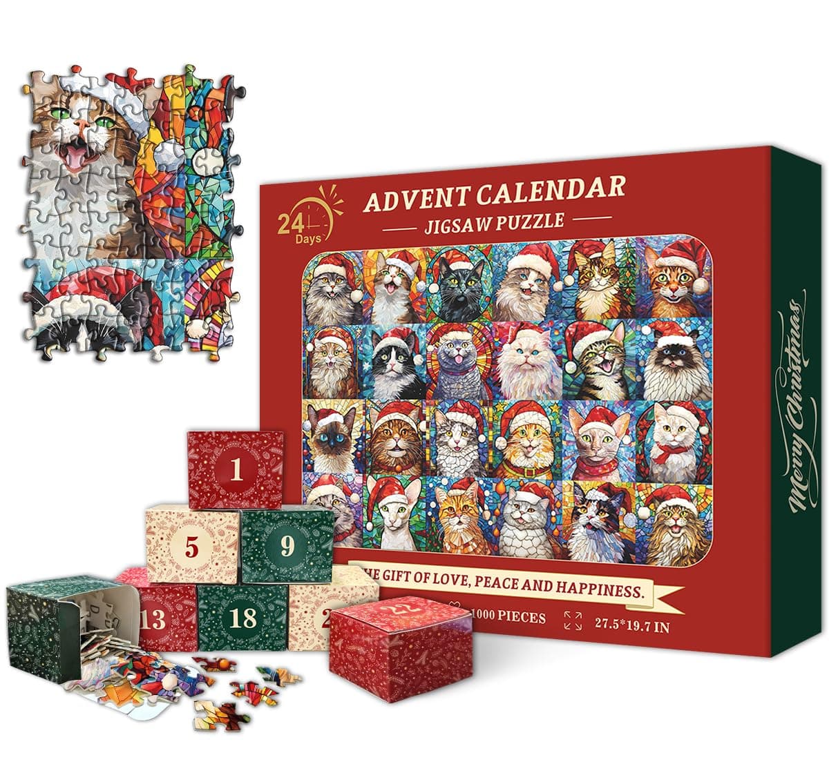 PICKFORU Christmas Advent Calendar 2024 Puzzles for Adults 1000 Pieces, Cat Mosaic Stained Glass Puzzle Countdown Calendar, Colorful Animal Christmas Jigsaw Puzzles as Home Decor