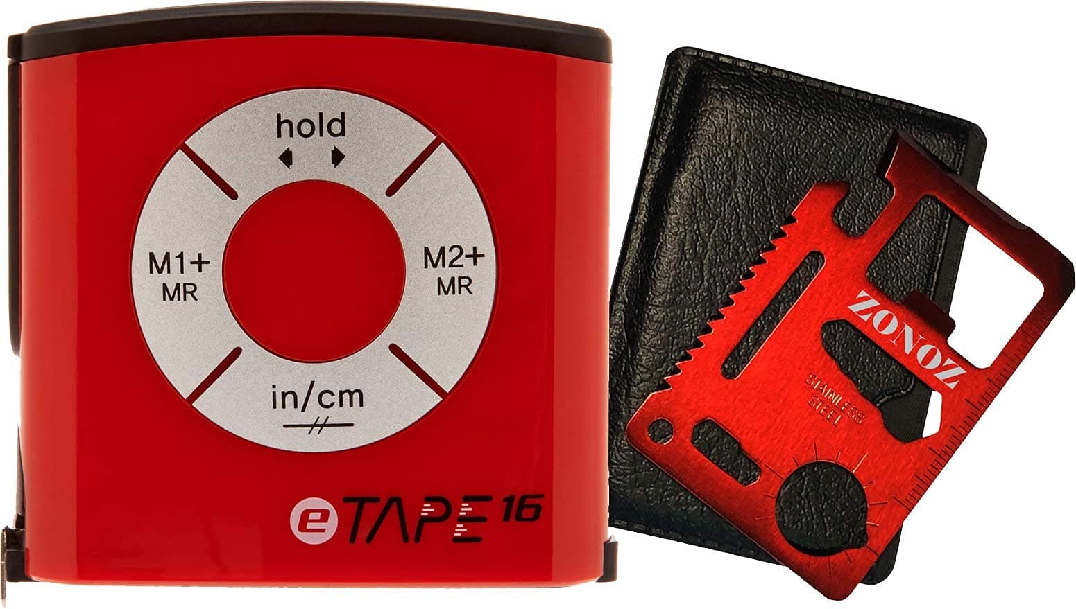 ET16.75-DB-RP Digital Tape Measure, 16', Red, Inch and Metric & Zonoz 11 in 1 Multipurpose Mini Portable Wallet Size Pocket Multi-Z-Tool (Bundle)
