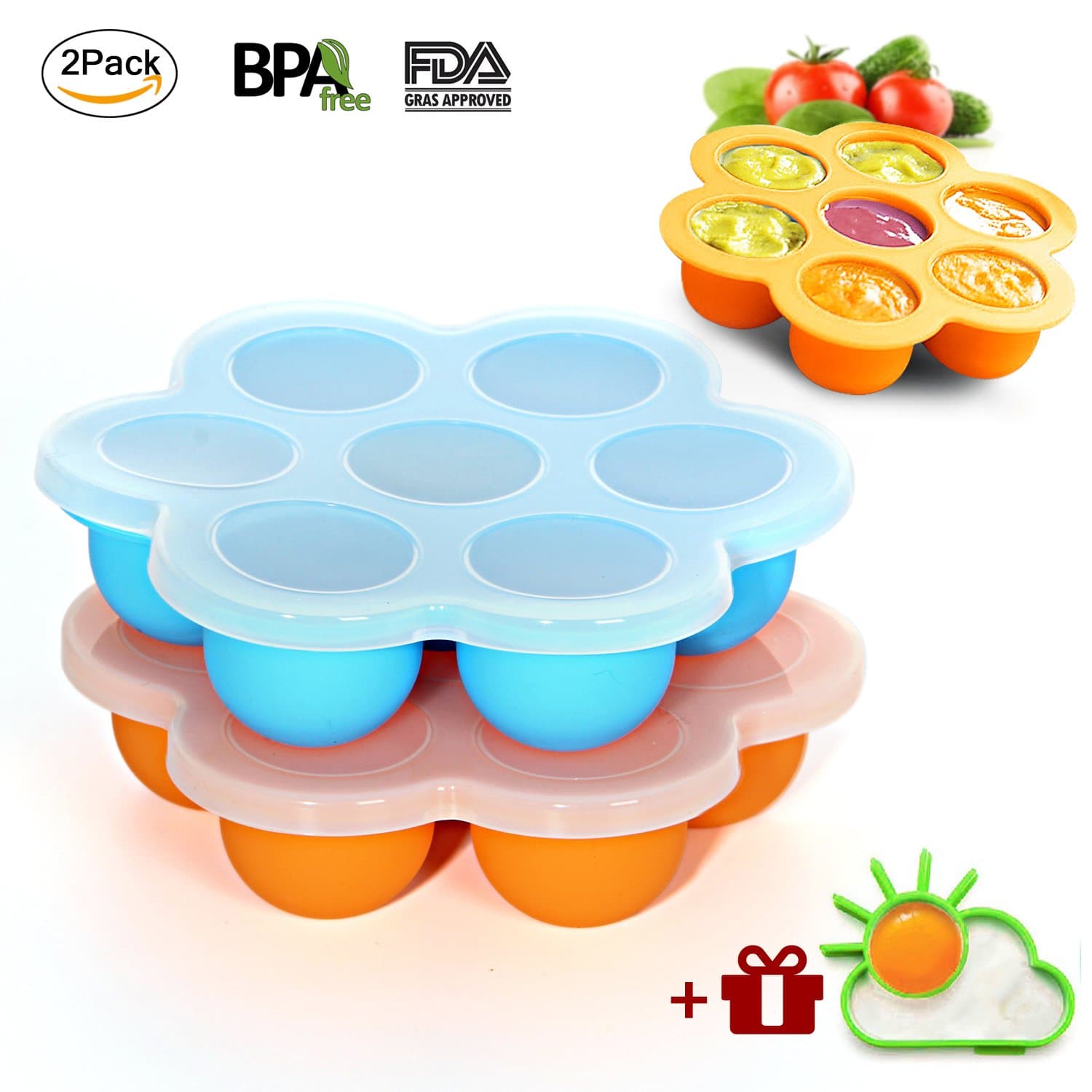 Ousum 2 Pack Silicone Egg Bites Molds, Baby Food Freezer Containers Trays and Ice Cube Trays with 2 Silicone Lids for Instant Pot Accessories, Microwave oven, Refrigerator