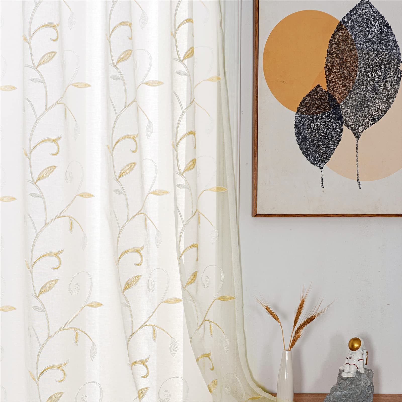 VISIONTEX White Sheer Voile Curtains 84 Inches Long Decorative Beige Embroidered Leaves Rod Pocket Semi Sheer Window Drapes for Bedroom Living Room 2 Panels Set 54 x 84 Inches