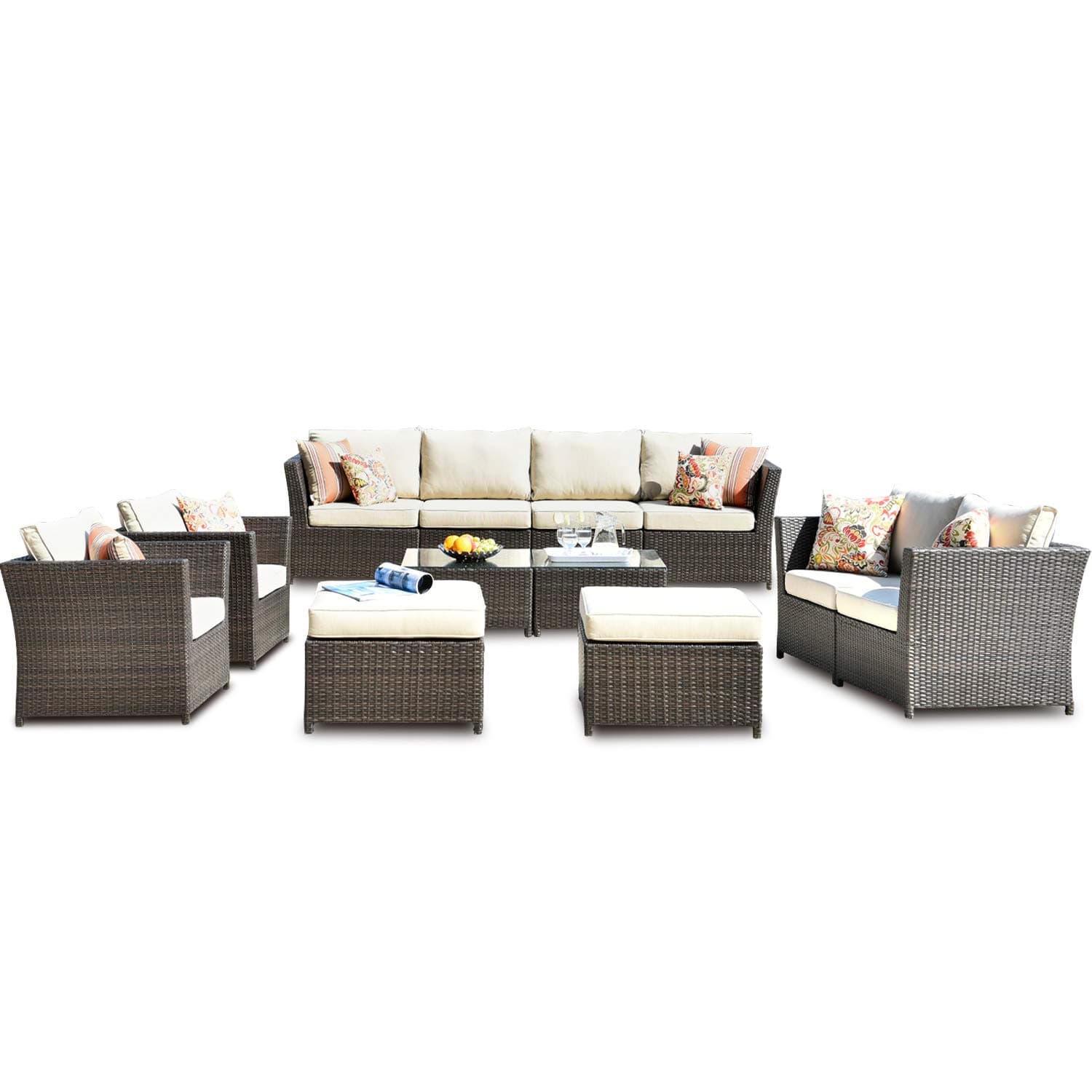 OVIOS Patio Furniture Set, Outdoor Rattan Wicker Sectional Sofa Set with Coffee Table and Pillows Backyard Garden Sofa, No Assembly Required (12 Pieces, Beige)