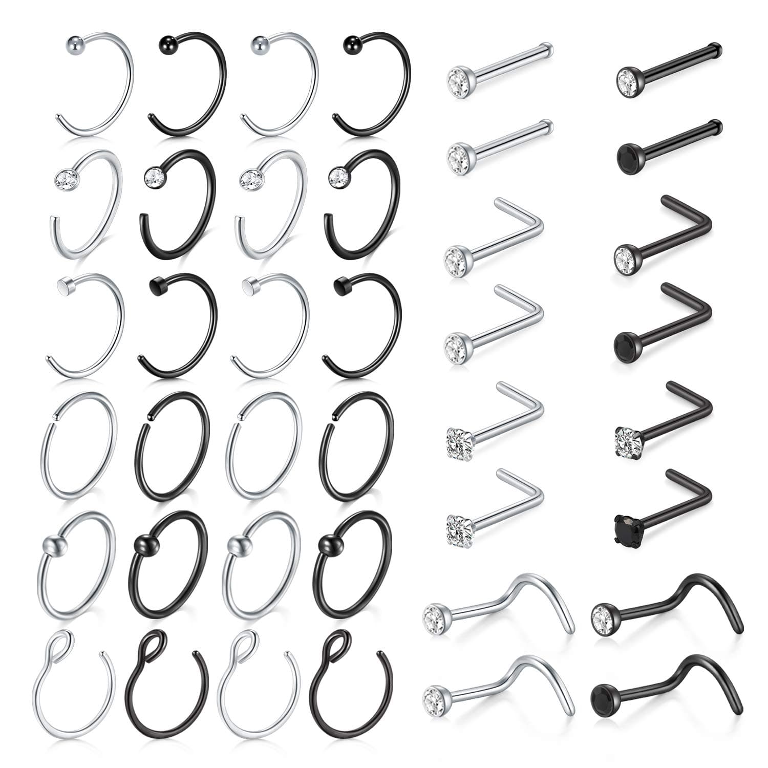 18 Nose Rings Studs Surgical Stainless Steel Hypoallergenic L Shaped Nose Piercing Jewelry for Women Men Silver Black Nostril Hoop Rings 18 Gauge