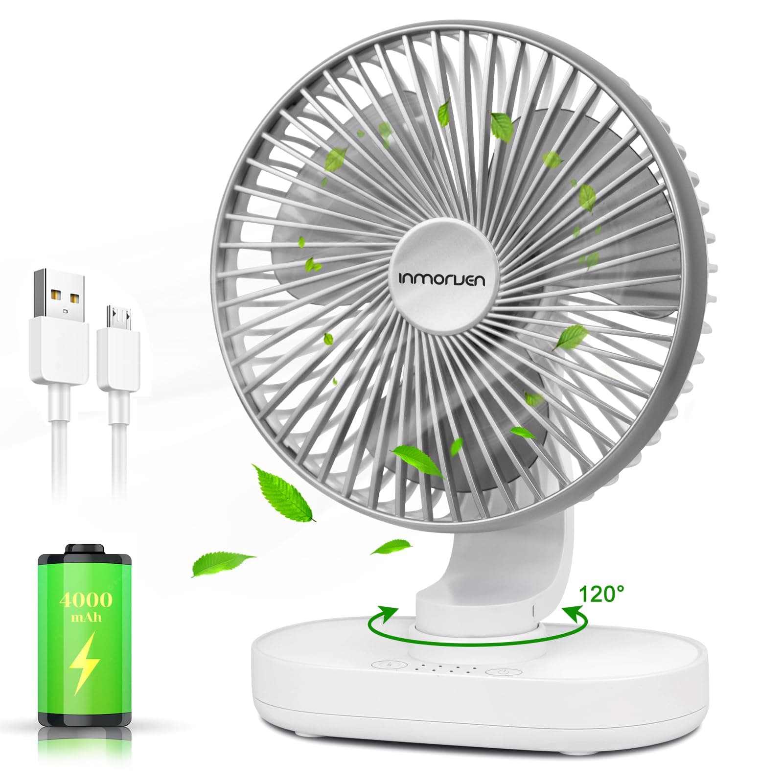 CONBOLA Small Desk Fan for Bedroom, 4000mAh Battery Powered Rechargeable, 90° Vertical Manual and 120° Oscillating, 4 Speeds Air Circulator, Quiet Table Fan for Home Office, White