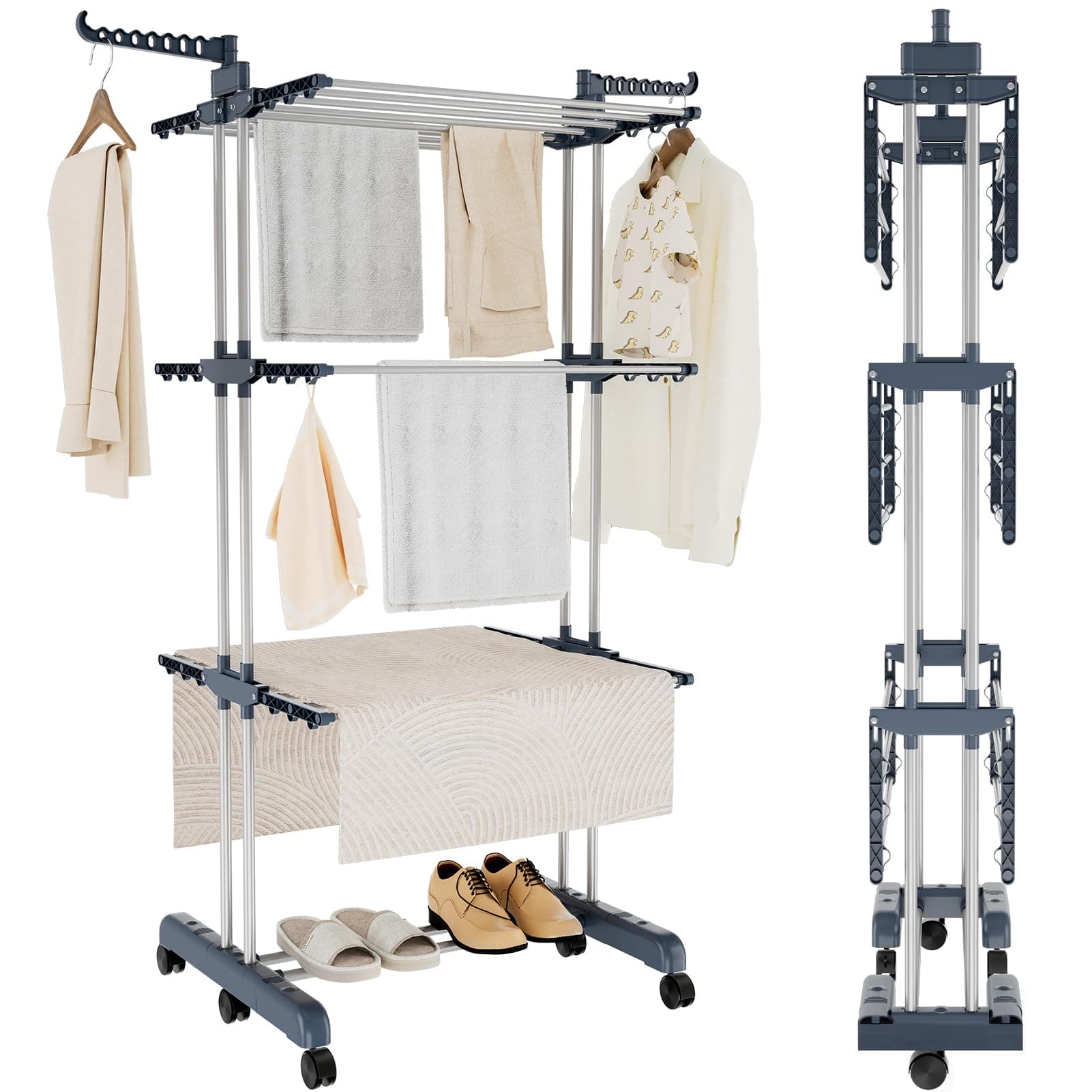 YORKING Upgrade 4 Tier Clothes Drying Rack, Indoor Folding Clothes Airer 18M Drying Space Laundry Rack Hanger With 6 Casters, Large Clothes Dryer Folds Flat For Easy Storage