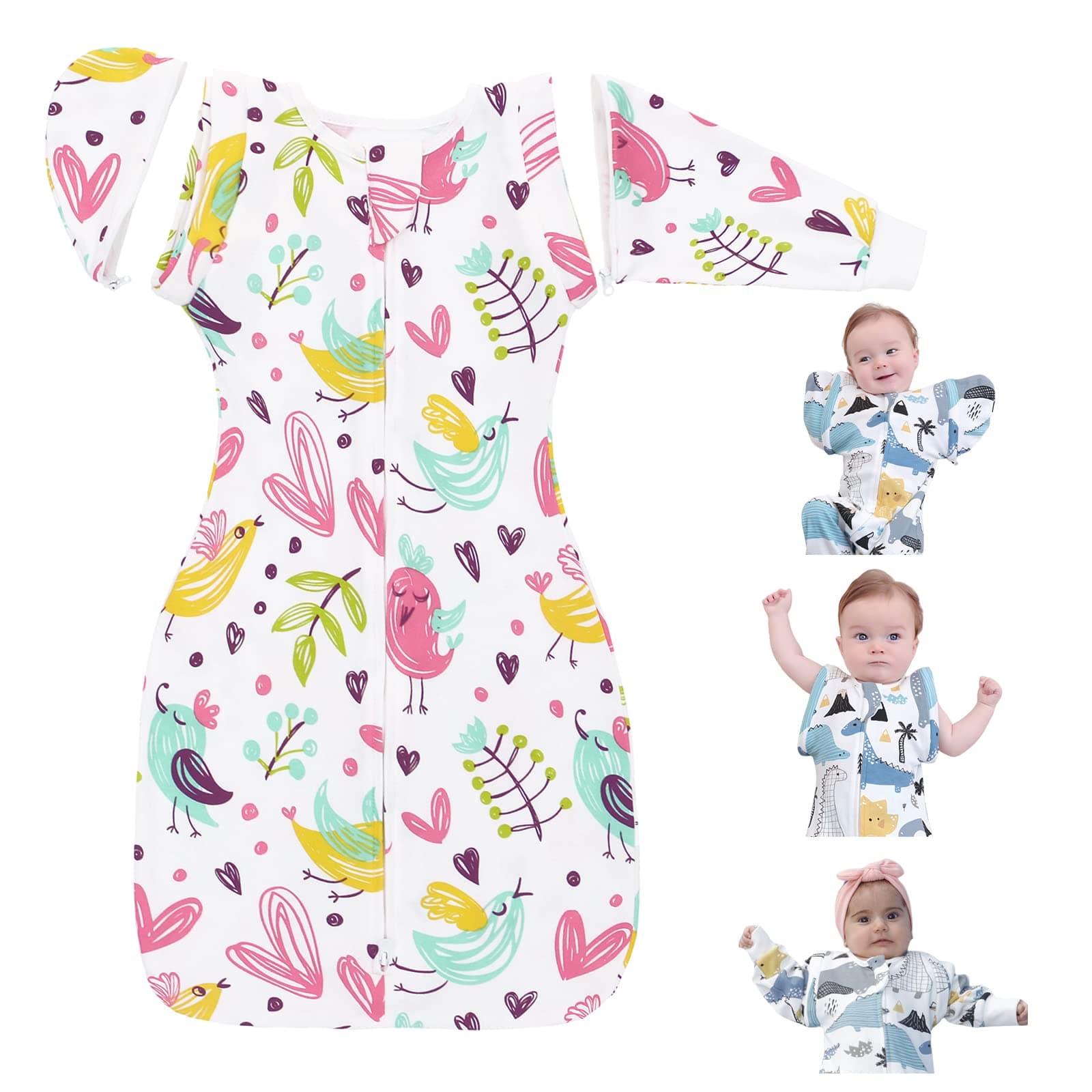 Nearkoi Baby Transition Swaddle Sack,Baby Sleeping Bag with Arms Up Removable Long Sleeve,or Sleeveless,100% Cotton,Baby Sleep Sack for Appease The Baby,Pink7-14months