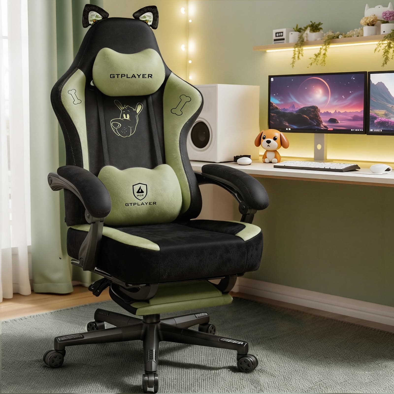 Gaming Chair Cute with Cat Ears Ergonomic Computer Chair with Dog Embroidery Adjustable Memory Foam Lumbar Support and Headrest Comfortable Reclining Office Chair for Girls, Teens, Women