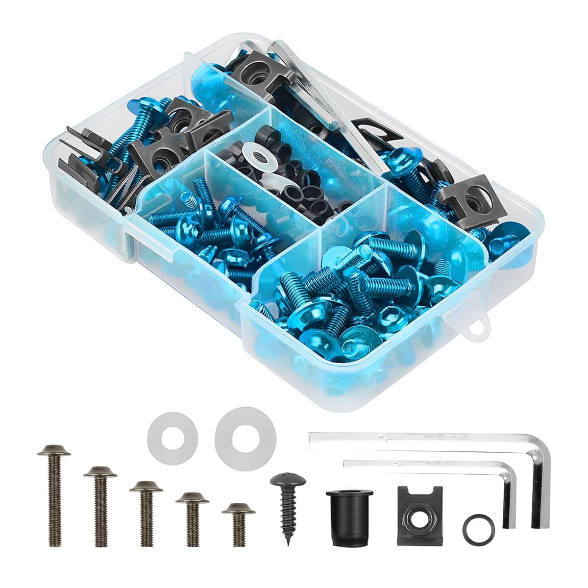 BELOMI Motorcycle Fairing Bolt Kit, 177pcs M5 M6 Motorcycle Windscreen Screws, Aluminum Fasteners Fairing Bolts Nut Clips Kit, Mounting Kits Washers Nuts Screws Assortment for Sport Bikes (Sky Blue)