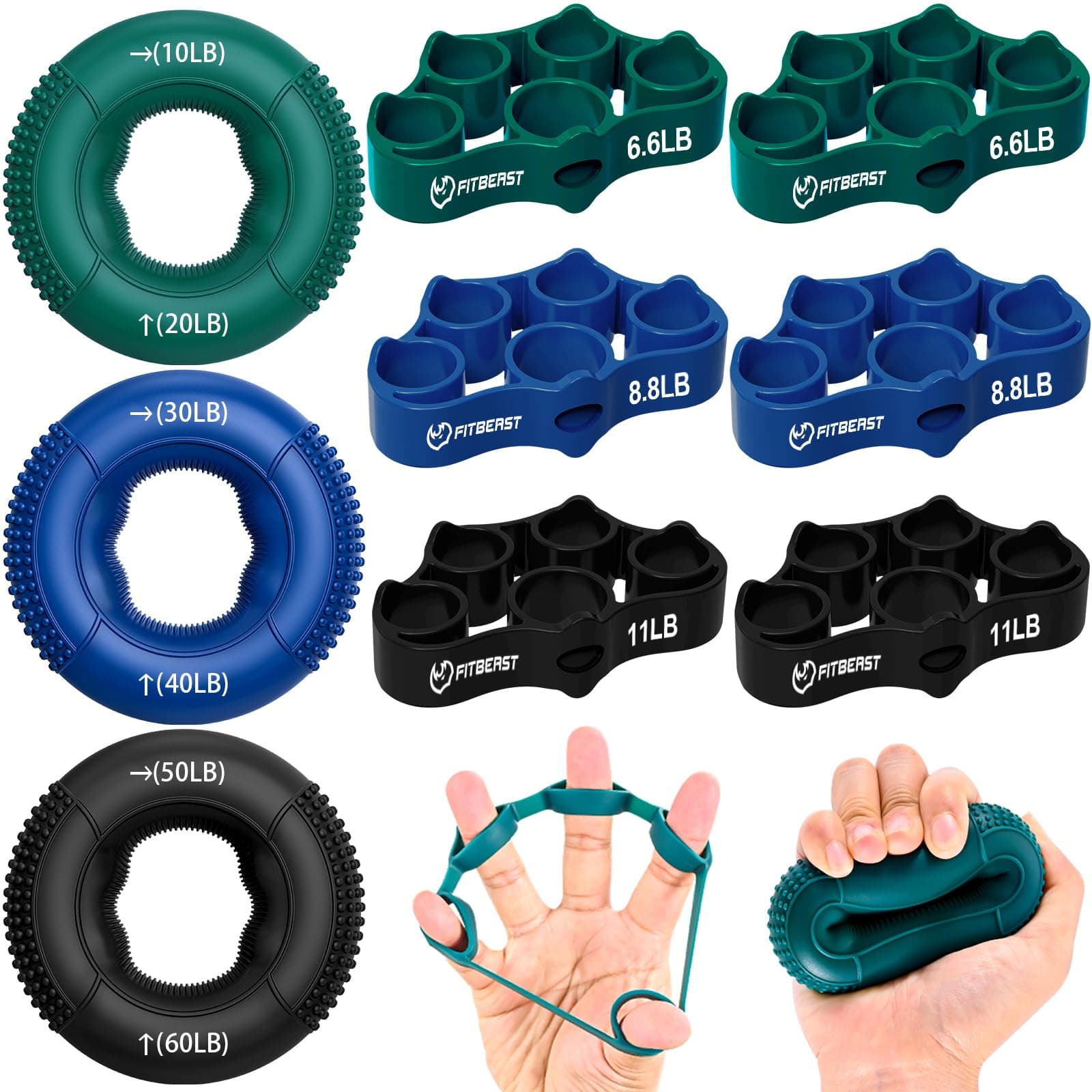 FitBeast Grip Strength Trainer, Finger Exerciser, Forearm Strengthener 9-Piece Kit, Hand Grip Strengthener Targeted Strength, Relief & Recovery