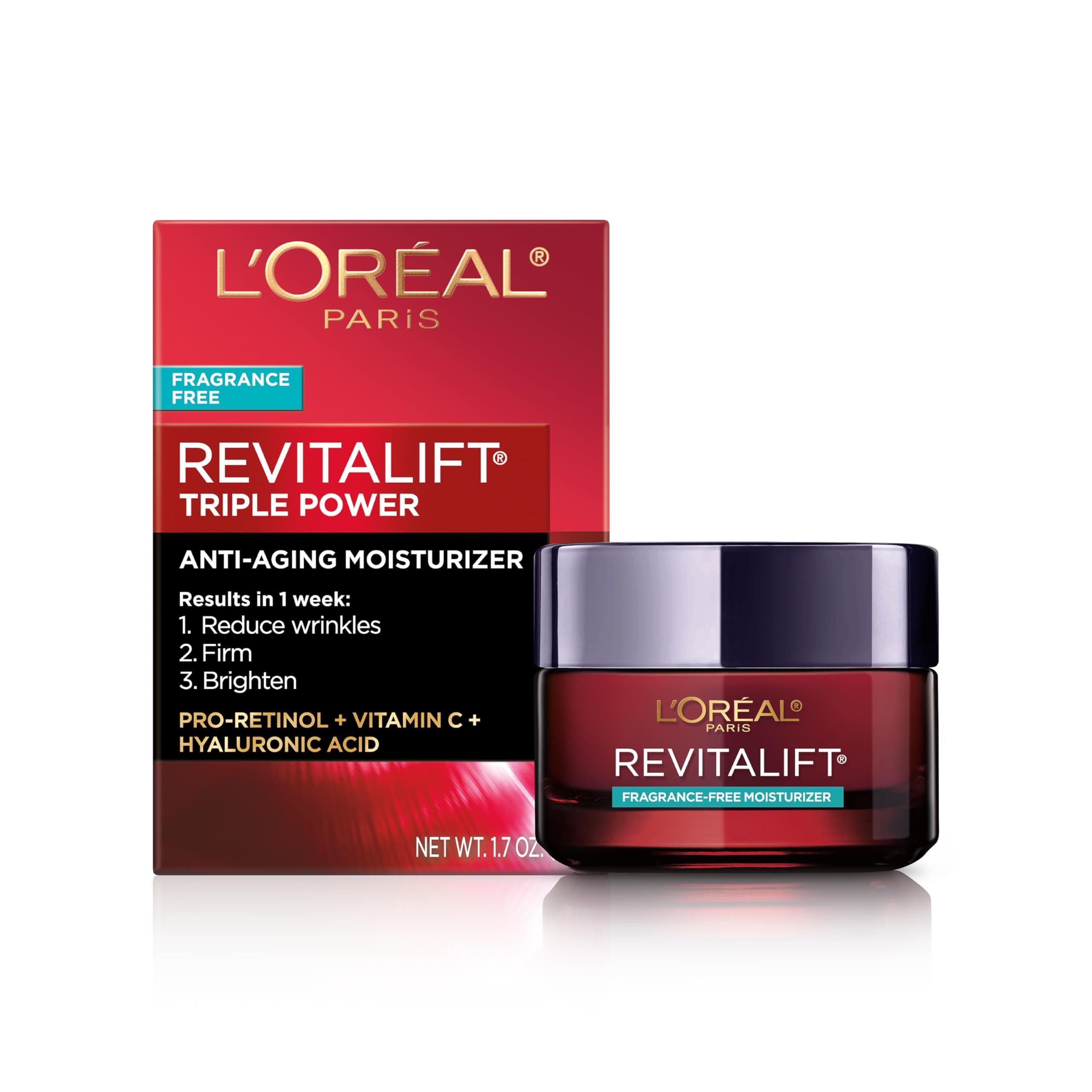 Revitalift Triple Power Anti-Aging Face Moisturizer, Pro Retinol, Hyaluronic Acid & Vitamin C, Reduce Wrinkles, Fragrance Free 1.7 Oz