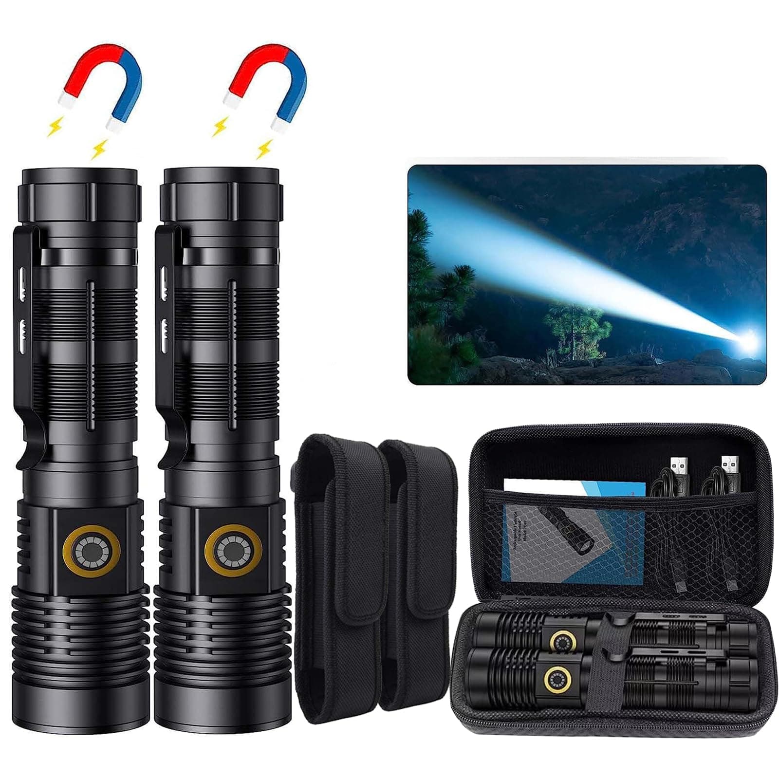 HoxidaRechargeable Magnetic Flashlight 20000 Lumens - 1500m Long Beam Super Bright LED Tactical Flashlight with Holster USB Zoomable 5 Modes for Camping