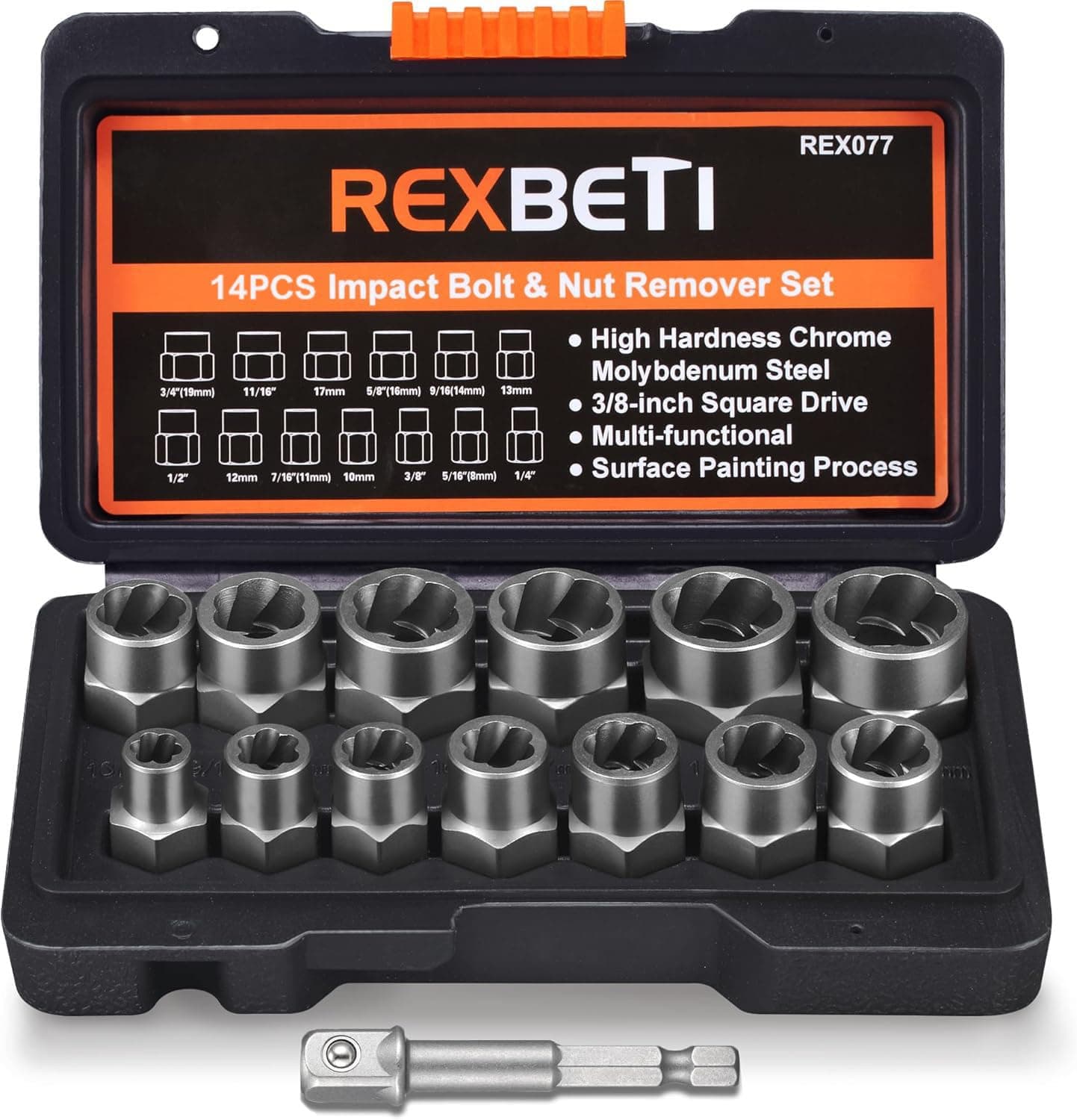 REXBETI Impact Bolt & Nut Remover Set, 13 Pieces Bolt Extractor Tool Set with Solid Storage Case