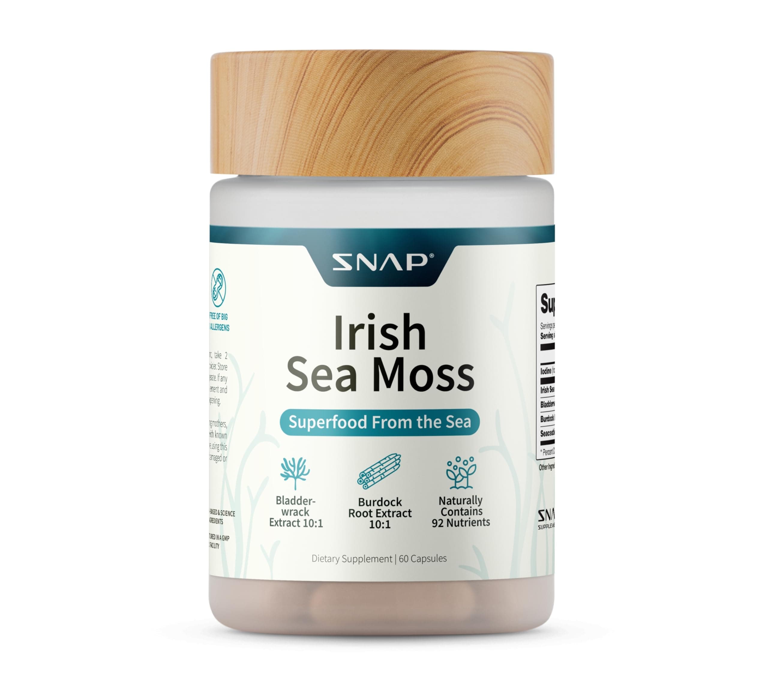 Snap Supplements Irish Sea Moss with Bladderwrack, Burdock Root & Iodine – Natural Sea Moss Supplement to Support Gut Health, Energy & Healthy-Looking Skin, 60 Vegan Capsules (1 Month Supply)