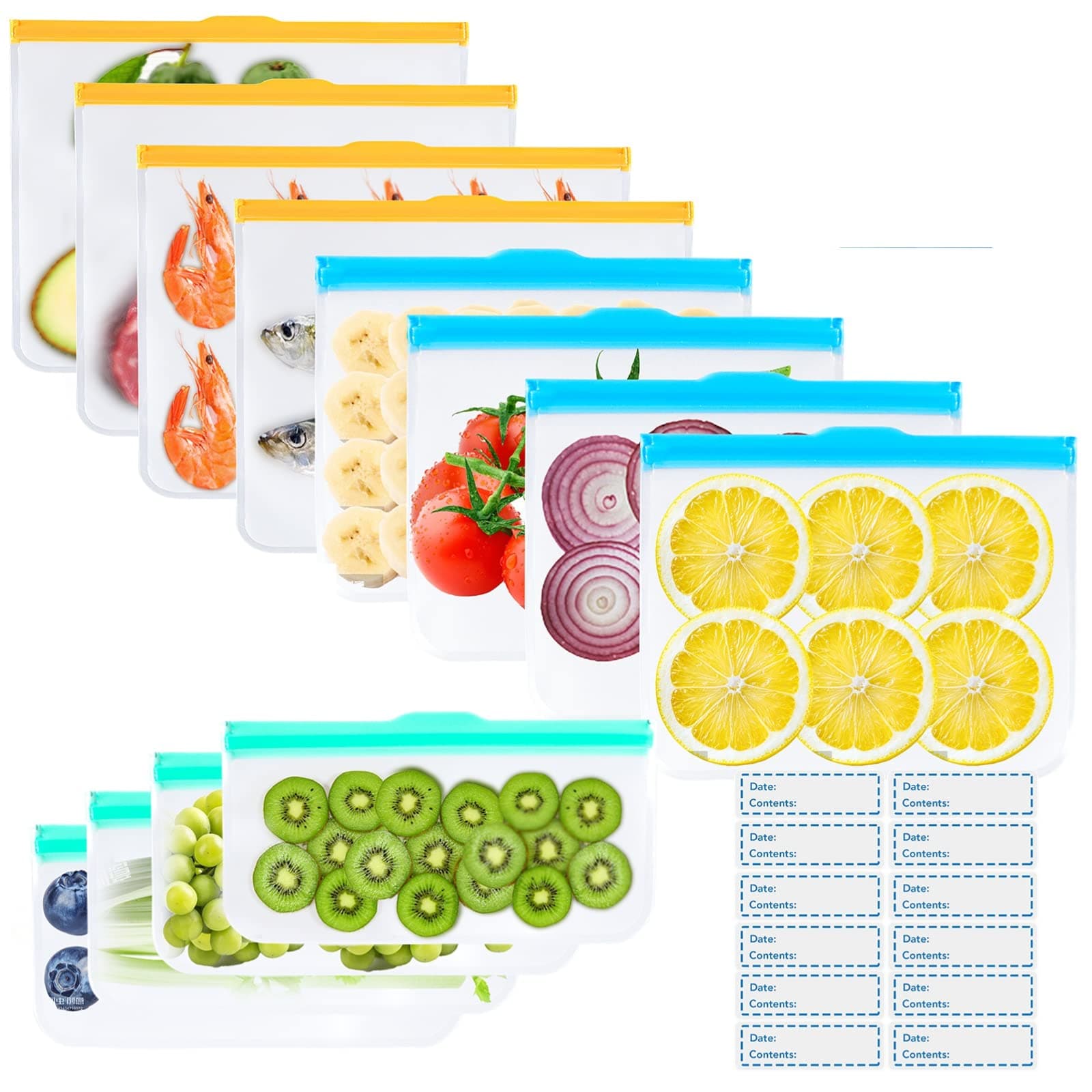 Reusable Silicone Freezer Bags + Freezer Labels, Reusable Food Bags BPA Free, Eco-Friendly and Leakproof Ziplock Bags with Triple Zip Closures-12 Packs