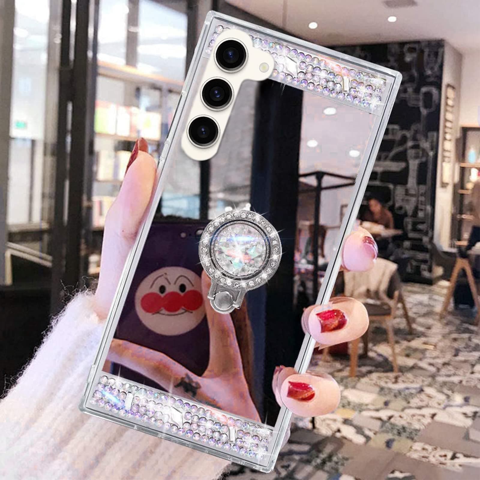 LUVICompatible with Galaxy S24 Makeup Mirror Case Diamond Glitter Rhinestone with Ring Stand Kickstand Cute for Girls Women Protector Cover Bling Crystal Ring Holder Finger Grip Phone Case Silver