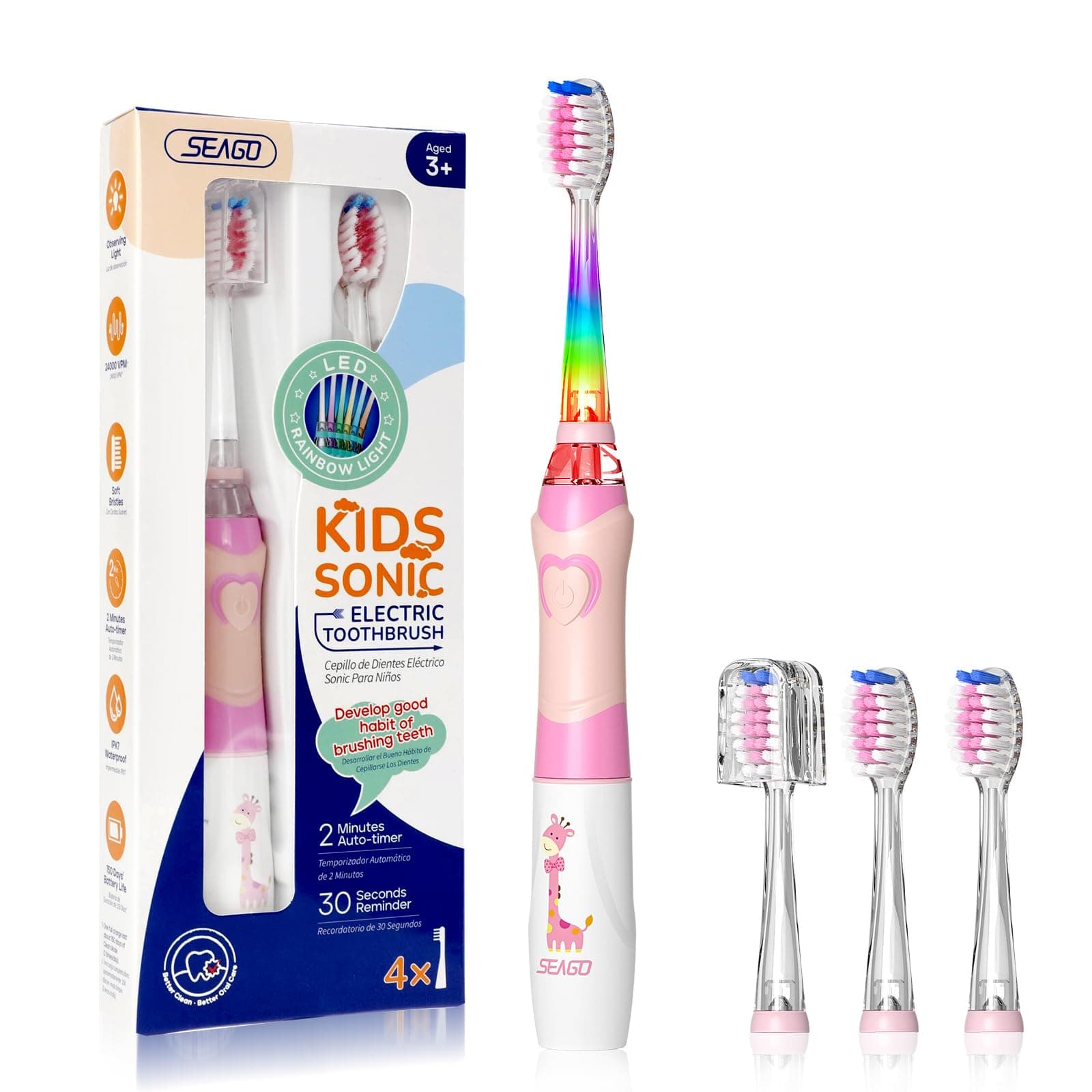 Kids Electric Toothbrush with 2 Mins Timer and 4 Replacement Bursh Heads, Rainbow LED Light Make Brushing Fun, Pink Color Girls Battery Powerd for 4-12 Years Old，SG-977