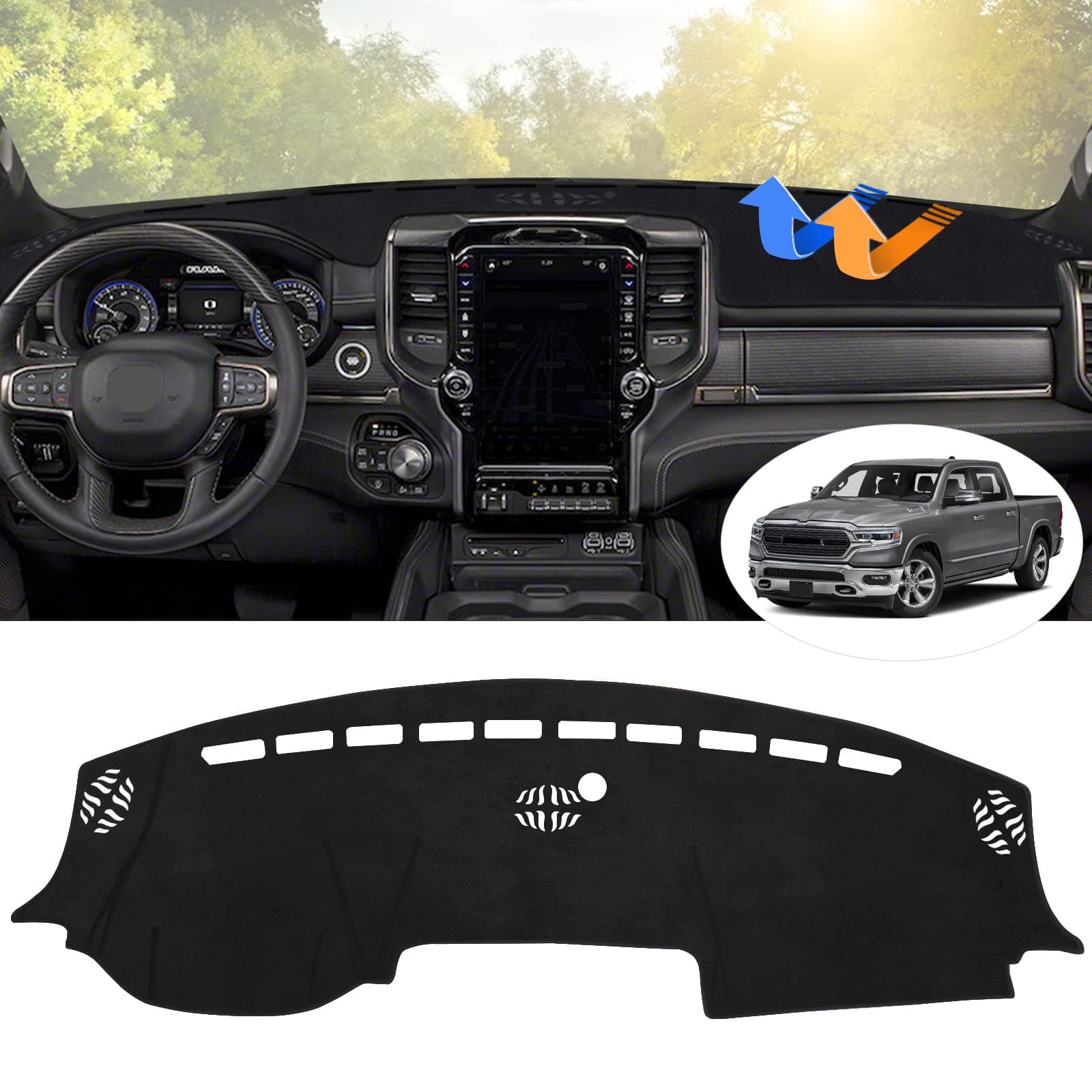 Autorder Dashboard Cover Mat for 2019-2023 2024 2025 2026 Dodge Ram 1500 2500 3500 Accessories Dash Cover Flannel Dash Mat Sunshade Glare UV Rays Protector Black