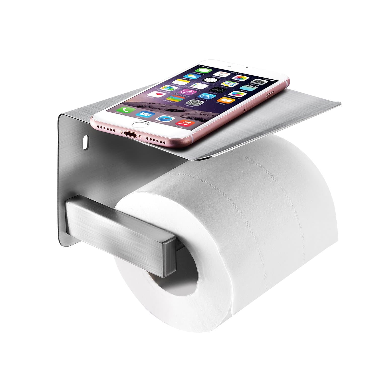 Stylish Wall Mounted Toilet Roll Paper Holder in Stainless Steel Anti-Rust Tissue Holder with Mobile Phone Holder Stand Shelf Bathroom Accessory Self Adhesive/Drilling