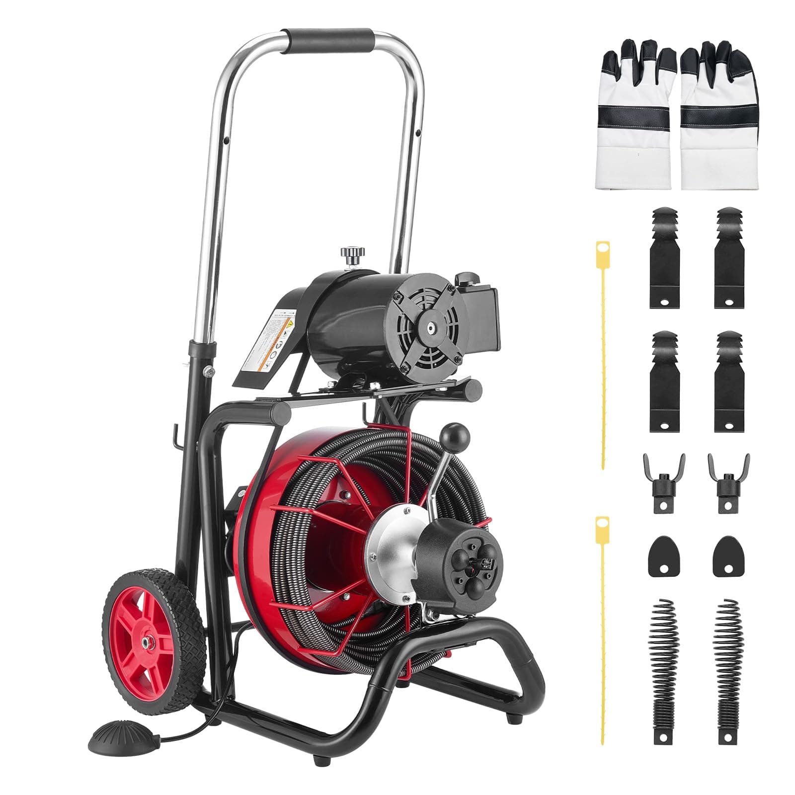 VEVOR Drain Cleaner Machine 100FT x 3/8 Inch, Auto Feed Sewer Snake Auger on Wheels, 370W Portable Drain Cleaning Machine with 8 Cutters & Air-activated Foot Switch for 2" to 4" Pipes