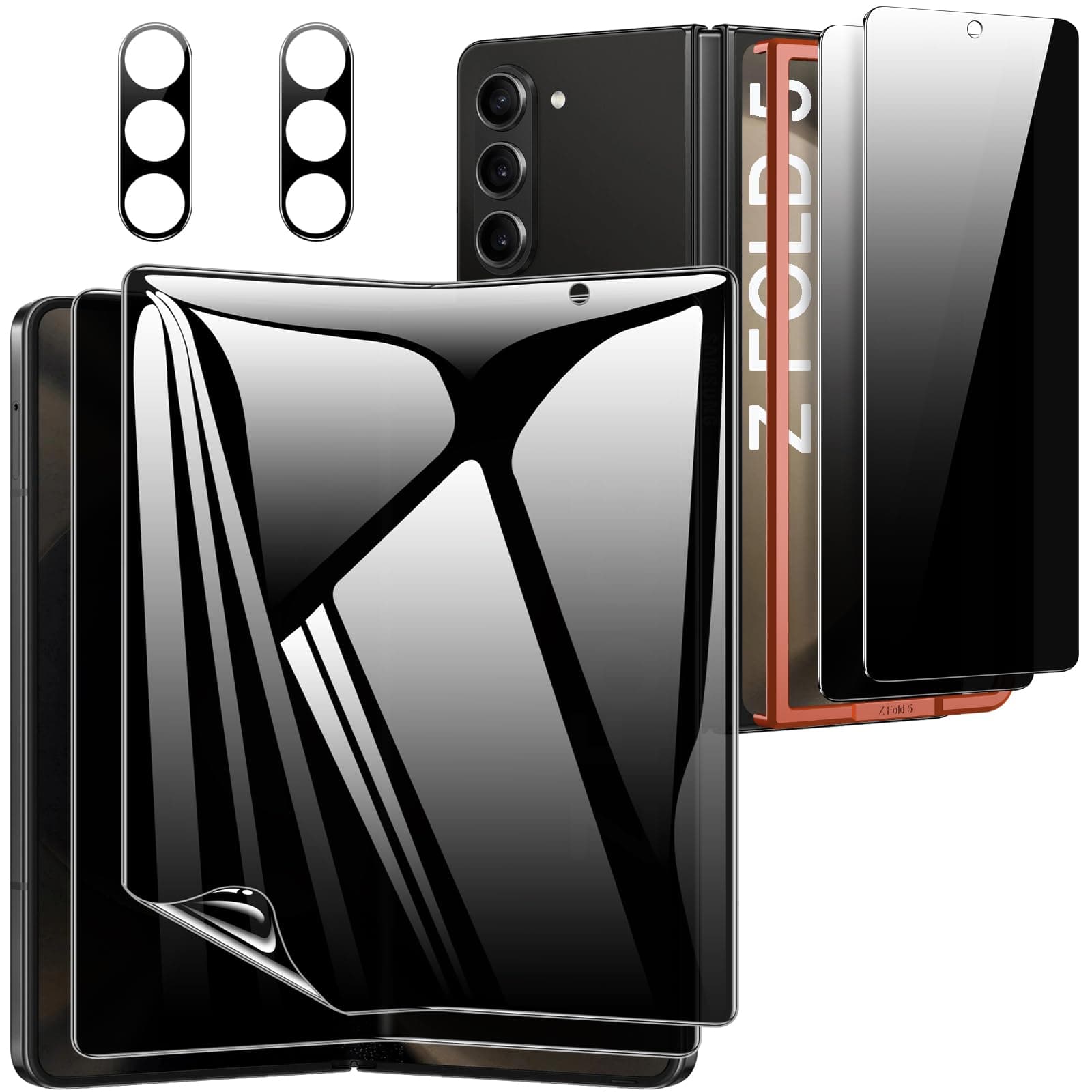 LYWHL [6 in 1] for Samsung Galaxy Z Fold 5 Privacy Screen Protector, 2X Tempered Glass Front Film + 2X Inside Flexible Film + 2X Camera Lens Protector Case Friendly Protective Accessories