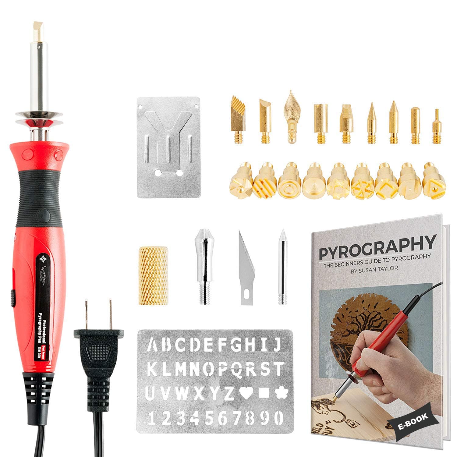 Wood Burning Kit + Free Beginners Guide, Best Pyrography Pen/Woodburner Tool with Adjustable Temperature, 21 PCS Carving/Embossing/Soldering Tips, Stencil, Carving Knife, Stand + Carrying Case