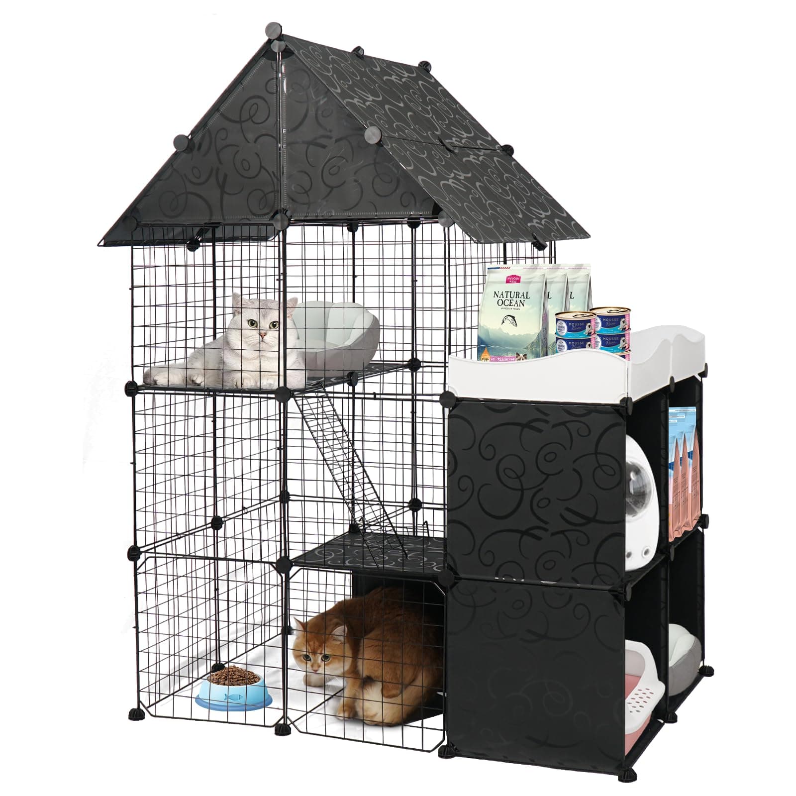 YU YUSINGLarge Cat Cage with Storage Cube Indoor DIY Indoor Catio Cat Enclosures Metal Cat Playpen Detachable