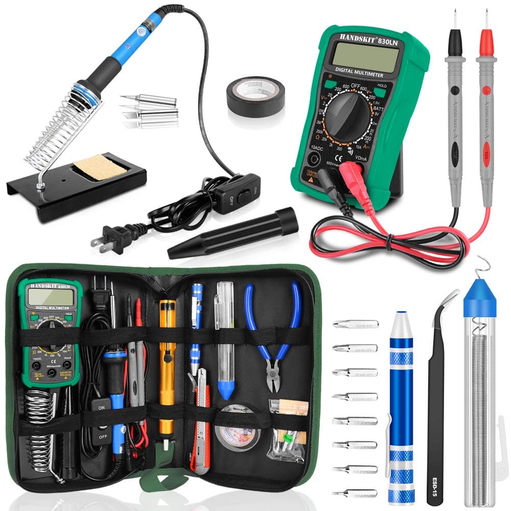 Soldering Iron Kit with Digital Multimeter, HANDSKIT Soldering Iron Kit Electronics, 60W Adjustable Temperature Welding Tool with ON-OFF Switch, 12-in-1 Soldering Iron Kit, 2pcs Tips, Desoldering Pump