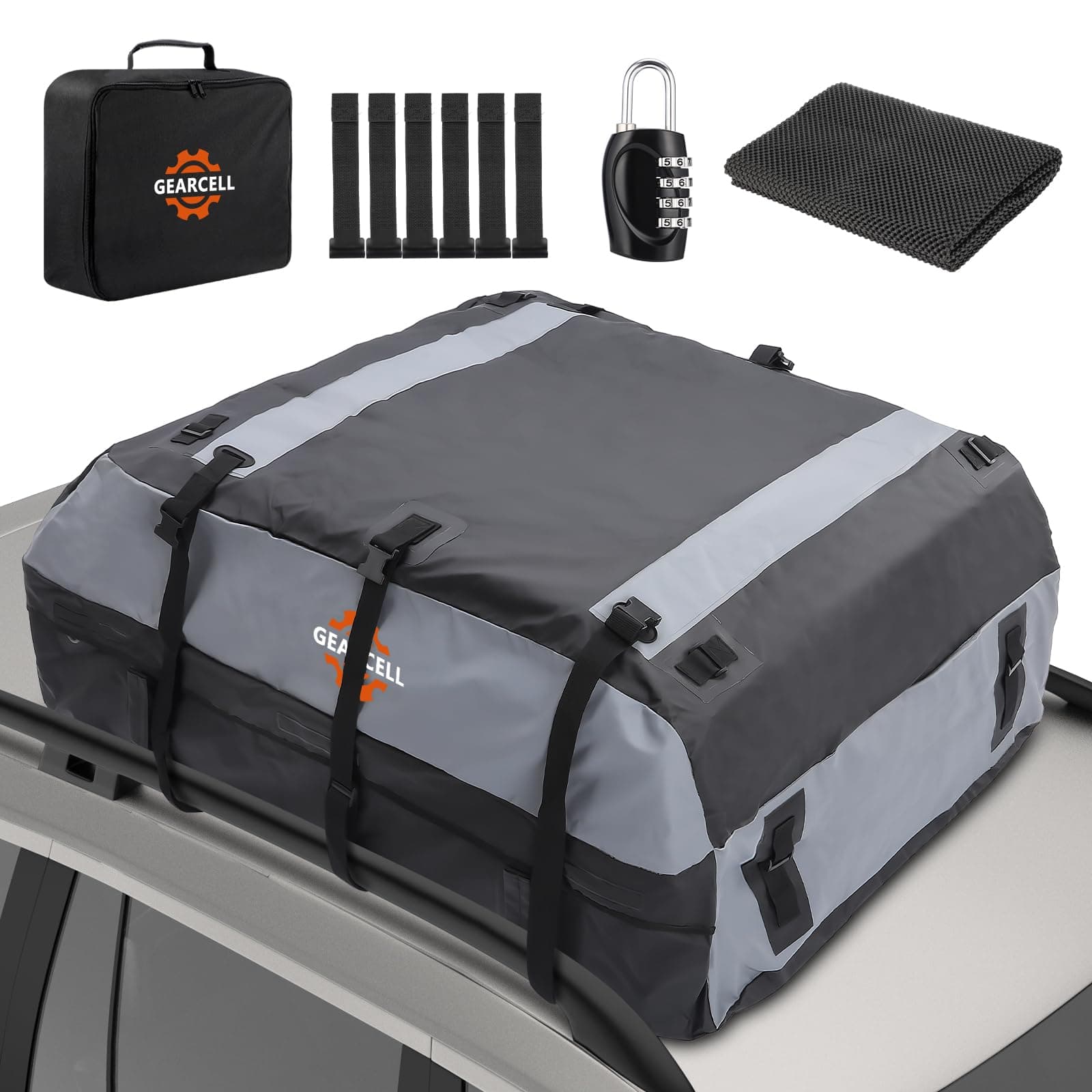 GEARCELL Car Roof Bag 21 Cubic Feet 840D Waterproof Rooftop Cargo Carrier Bag for All Cars with/Without Racks Includes Anti-Slip Mat Storage Bag Combination Lock 6 Door Hooks