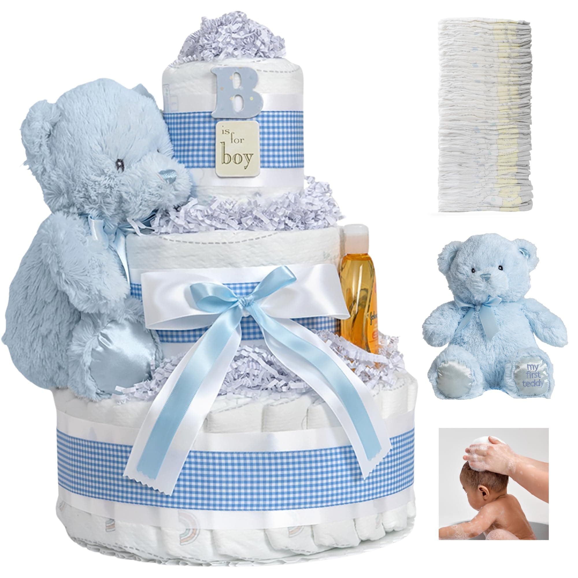 Blue Boy Diaper Cake - Makes a Beautiful Boy Baby Gift - Adorable and Practical - Handmade with 42 Swaddler 1 Diapers - Size 10 in x 12 in