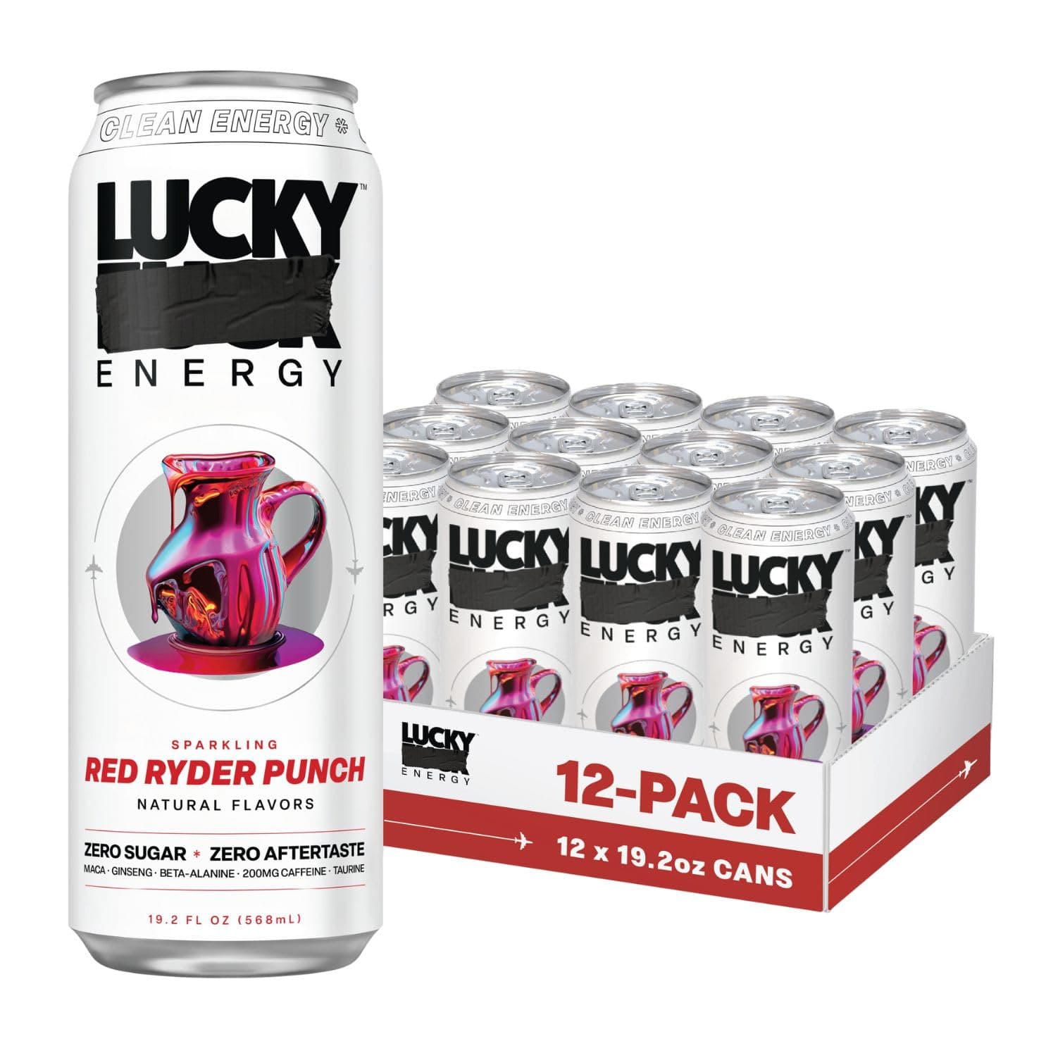Lucky Energy Zero Sugar Energy Drink 19.2 Fl Oz Cans (Pack of 12) Red Ryder Punch with Maca, Ginseng, Taurine, Beta-Alanine, 200mg Caffeine (Packaging May Vary)
