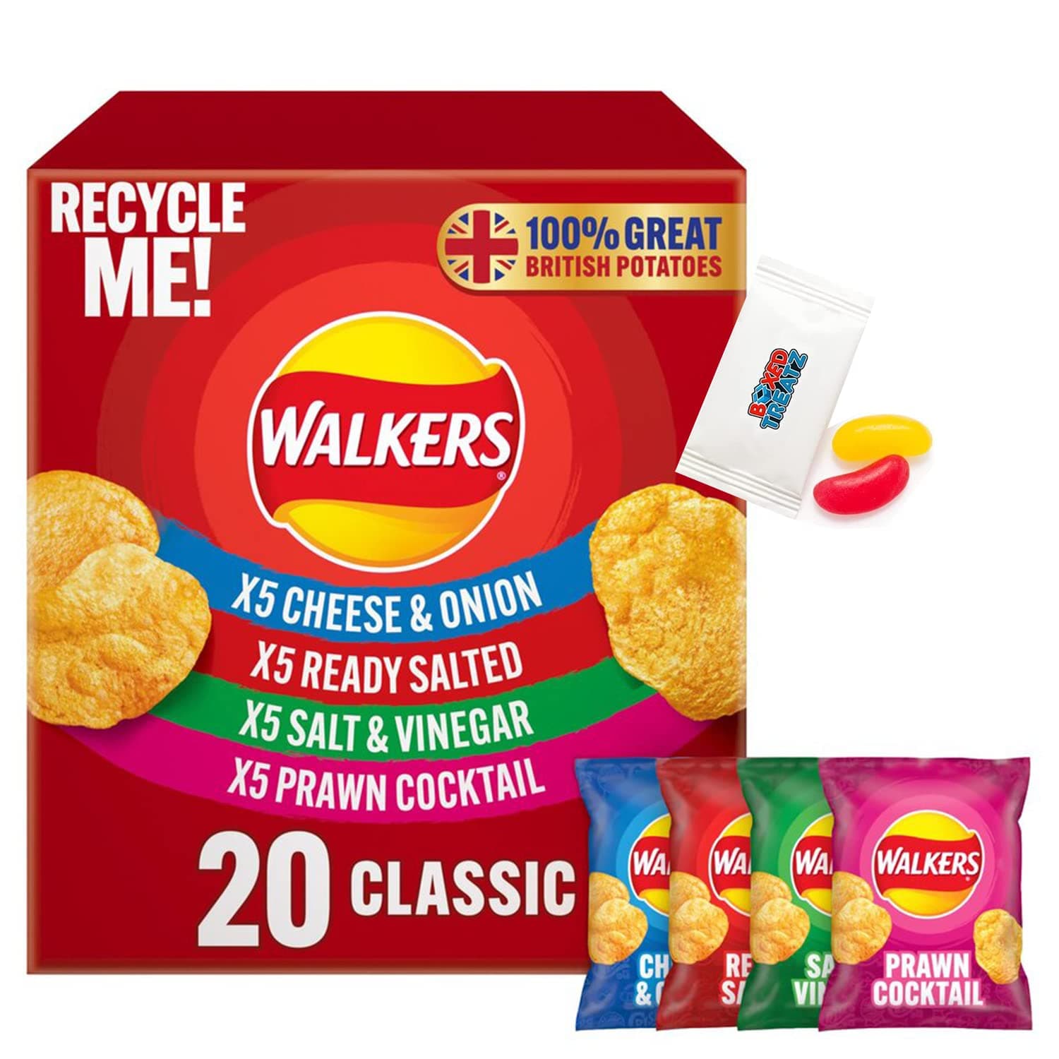 Walkers Classic Variety Multipack Crisps 20X25G Multipack Of Walkers Classic Variety Crisps 5x Ready Salted, 5 x Cheese & Onion, 5 x Salt & Vinegar and 5 x Prawn Cocktail Boxed Treatz
