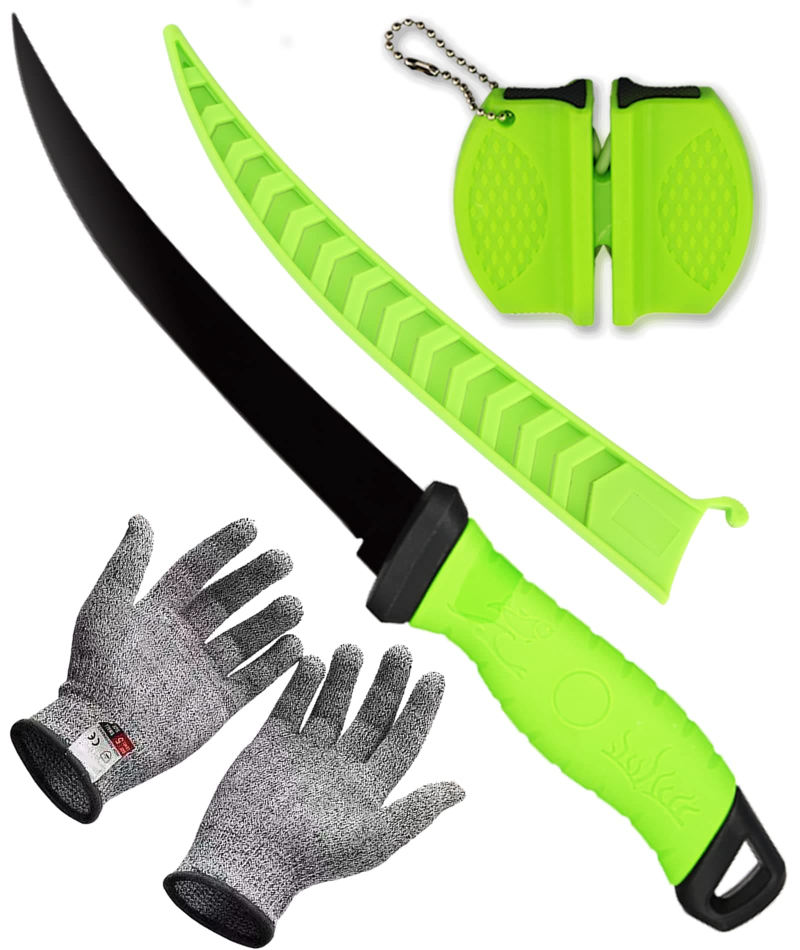 Fillet Knife, 7 Inches Professional Filet Knife for Fish, Stainless Steel Blade Fishing Knifes with Sharpener and Cutting Resistant Gloves, Fishing Stuff, Fishing Accessories, Green