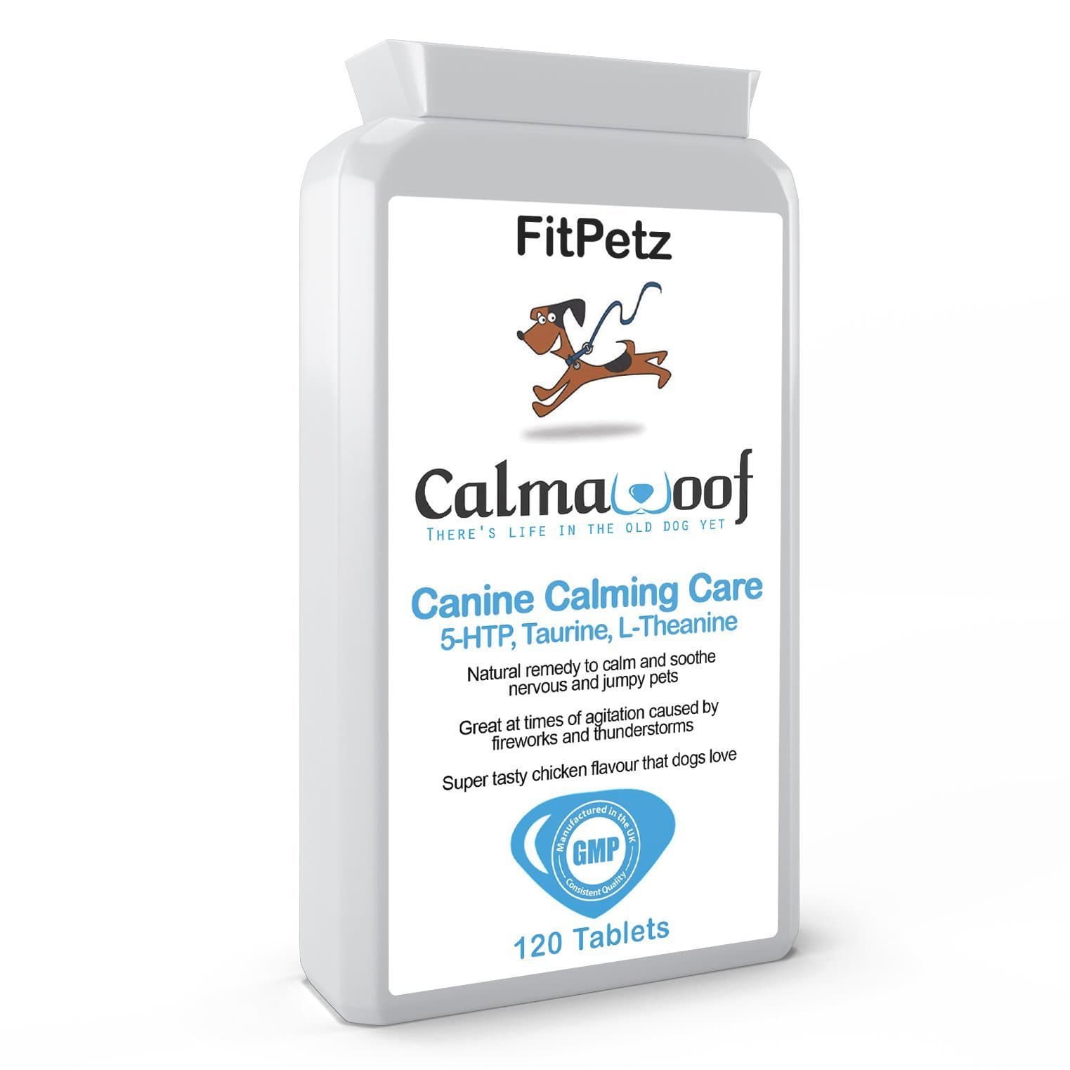 FitPetz Dog Calming & Soothing Supplements - CalmaWoof - Taurine, Inositol, 5-HTP, L-Theanine, Vit B1, Ginger Extract, Magnesium - 120 Chicken Flavoured Tablets - Taste Guarantee - UK Made